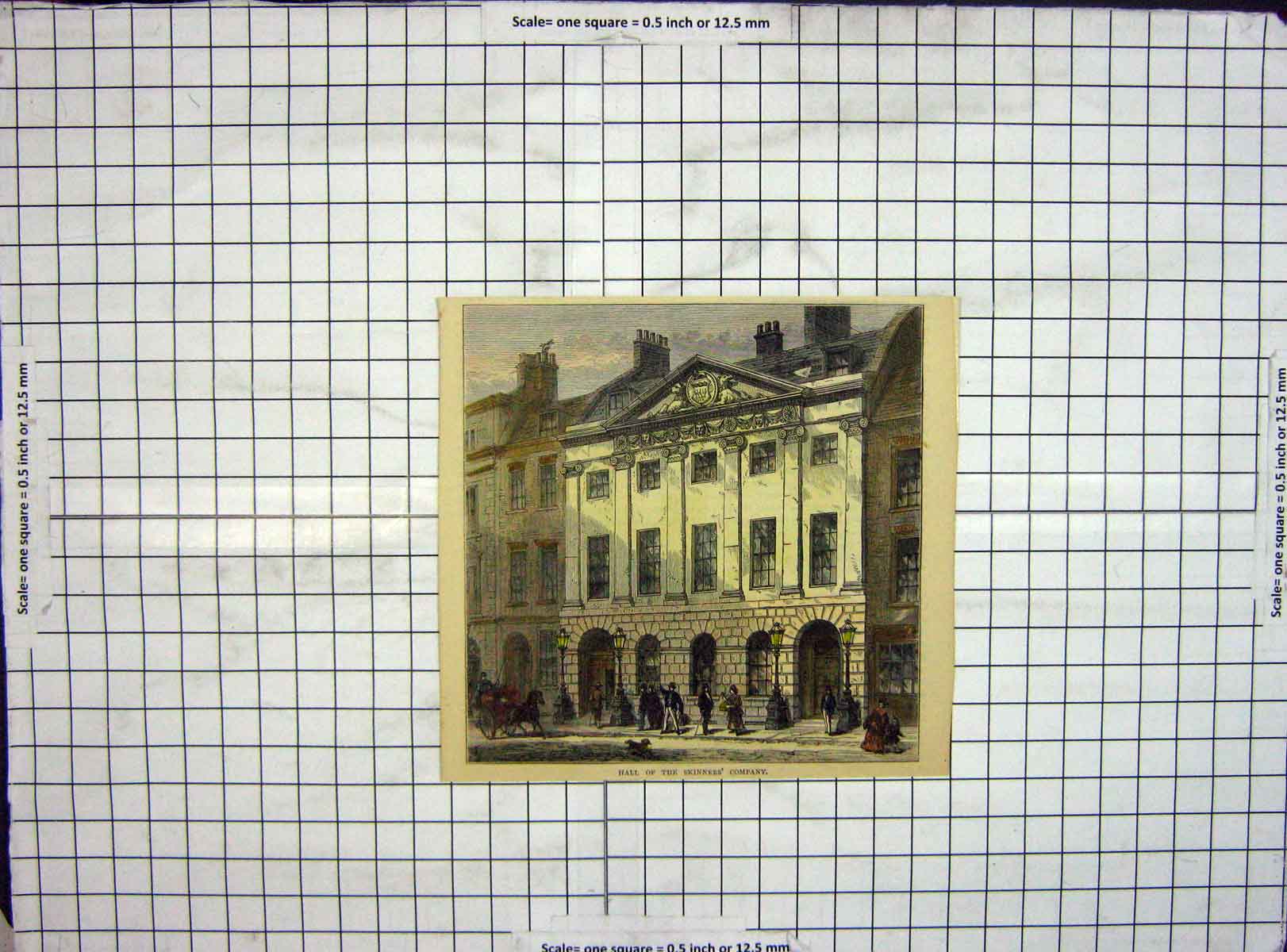 Original Old Antique Print Hand Coloured Hall Skinners Company Building 19th
