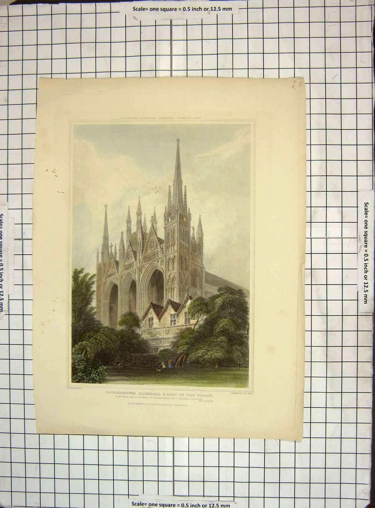 Original Old Antique Print 1828 Peterborough Cathedral Palace Le Keux Bartlett