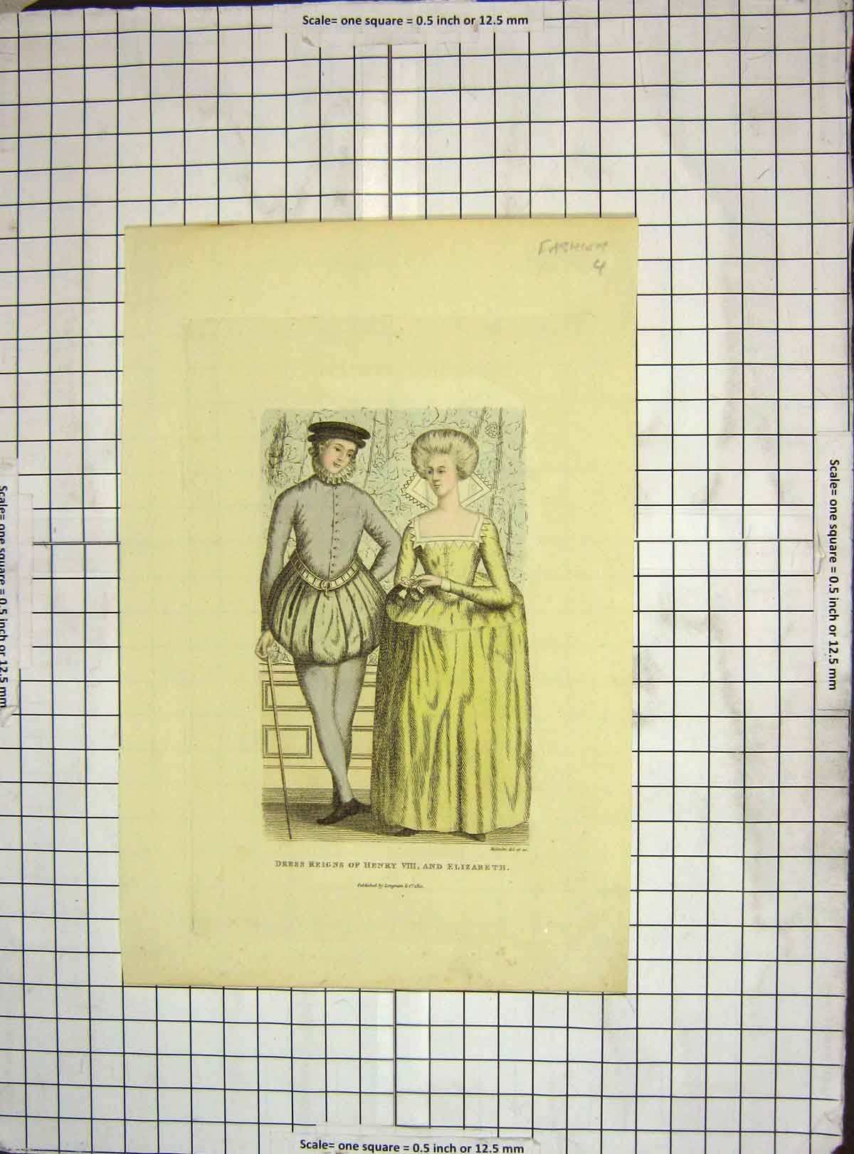 Original Old Antique Print Hand Coloured Dress Design Henry Viii Elizabeth 20th