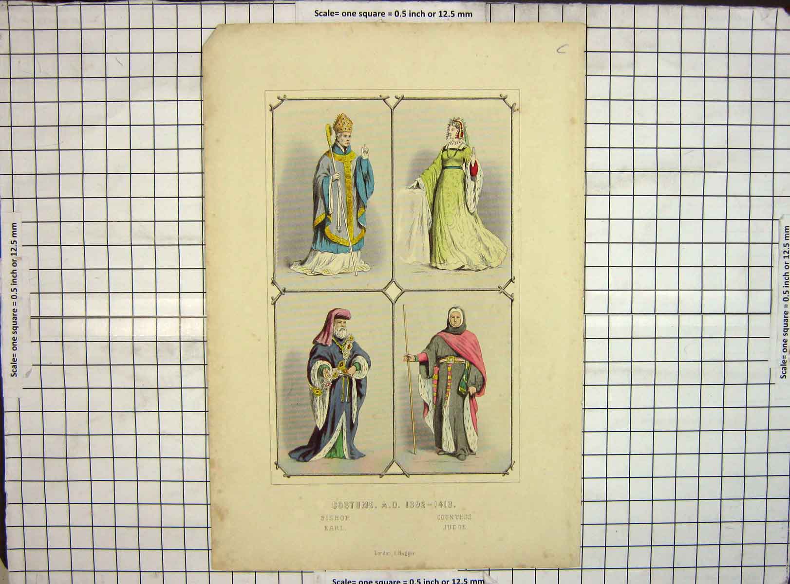 Original Old Antique Print Hand Coloured Costumes Earl Bishop Countess Judge