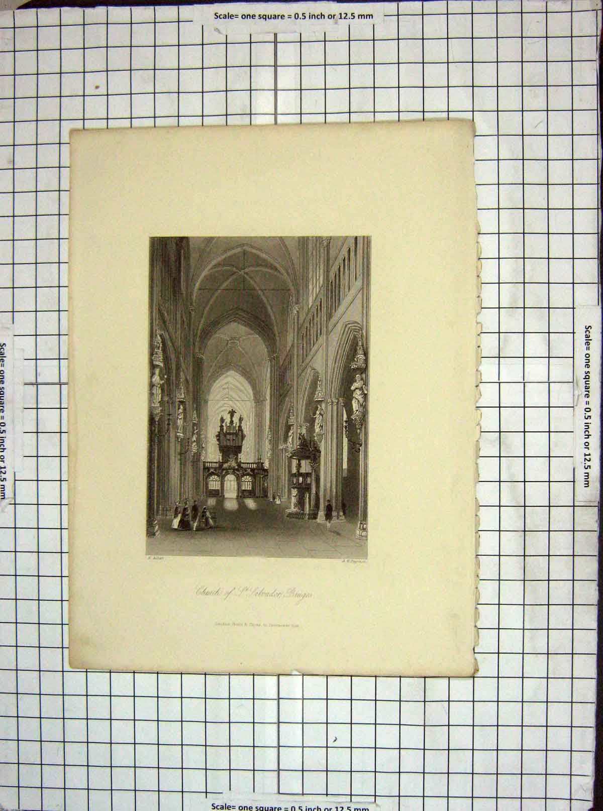 Old Antique Print C1900 Church St. Salvador Bruges Payne Albert Engraving 20th