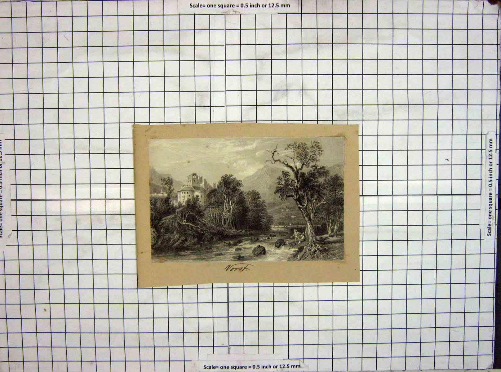 Original Old Antique Print Engraving Castle Mountains River Trees