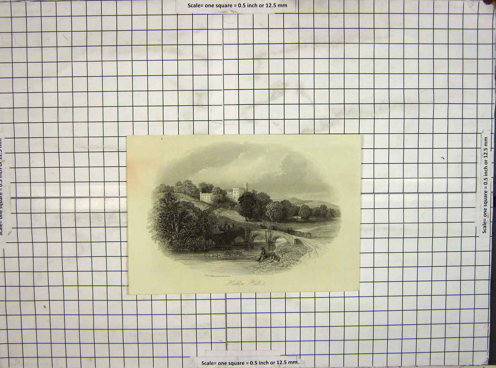 Original Old Antique Print Haddon Hall River Bridge Trees Engraving Harwood