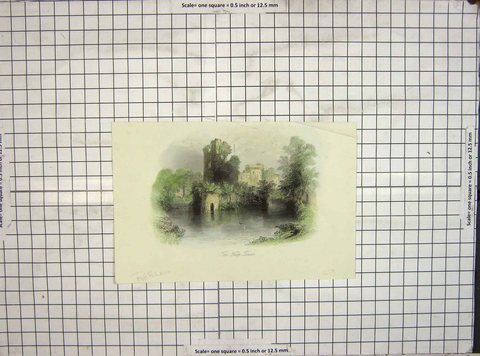 Original Old Antique Print Keep Tower Moat Trees Raglan Colour