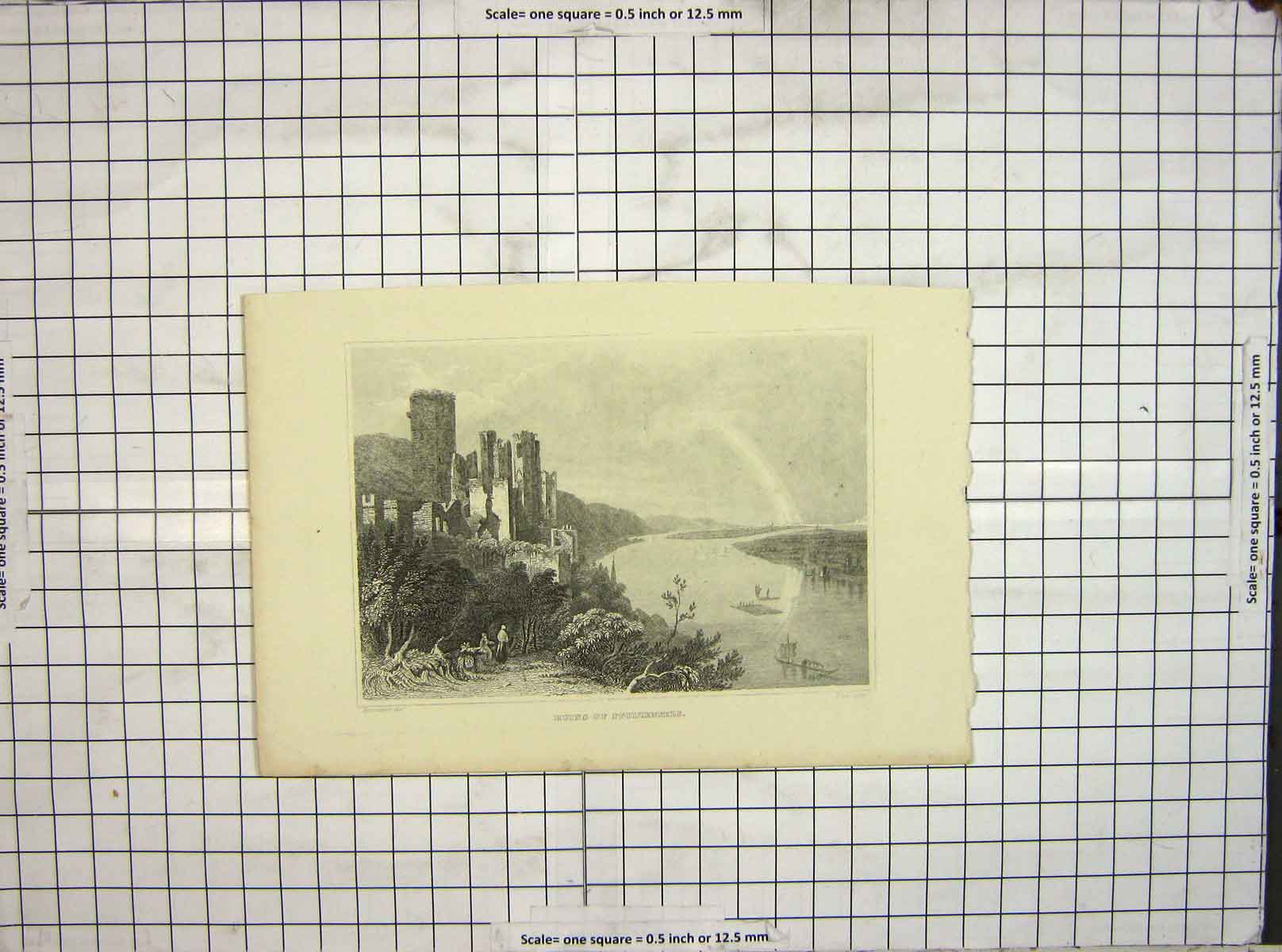 Old Antique Print Cox Engraving View Ruins Stolzenfels Castle Ruins River