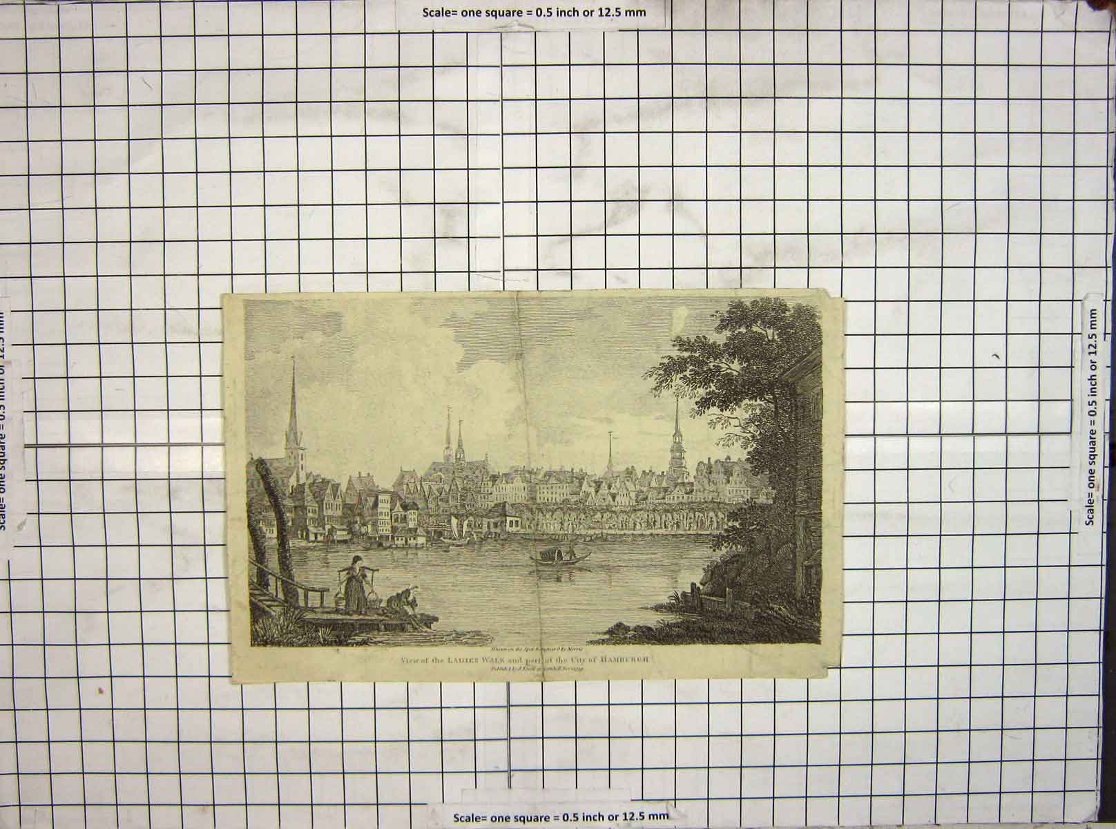 Original Old Antique Print Morris Engraving Ladies Walk City Hamburg 1799 18th