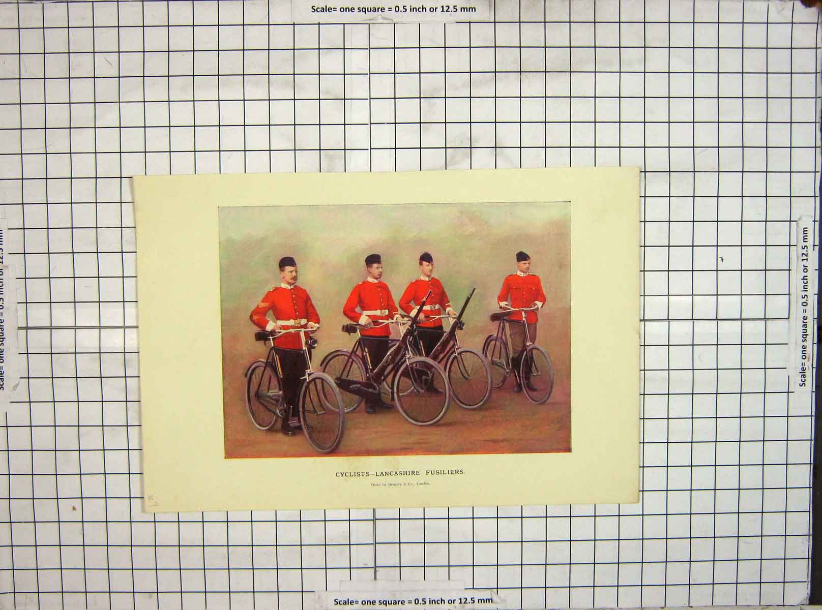 Original Old Antique Print Lancashire Fusiliers Cyclists Gregory Colour