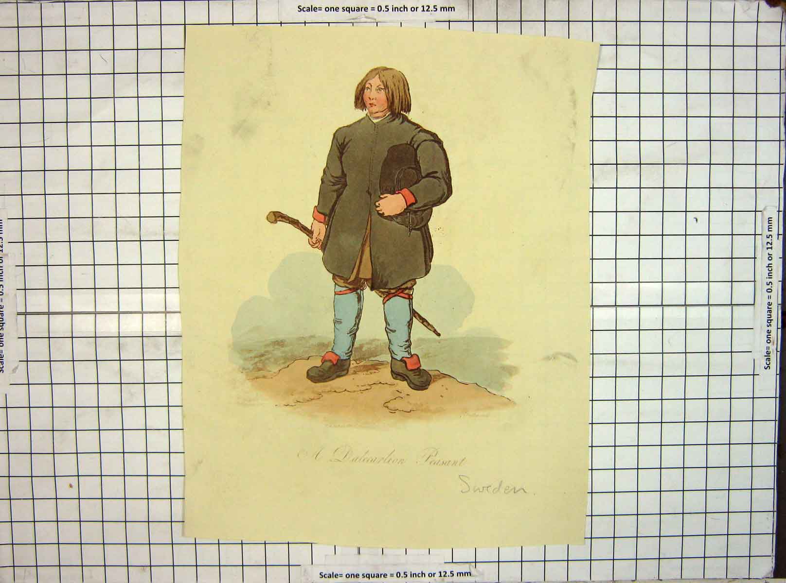Old Antique Print Hubert Engraving Dalecarlion Peasnat Sweden Man Colour