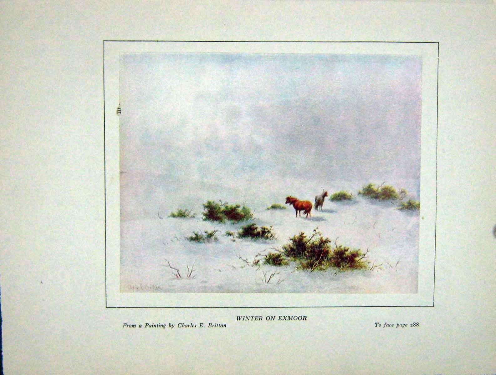 Original Old Vintage Print 1930 Lorna Doone Winter Scene Exmoor Ponies Brittan
