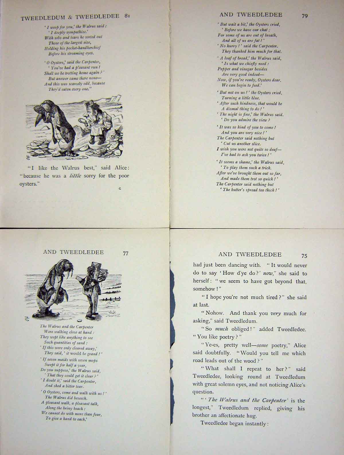 Original Old Vintage Print 1928 Alice Looking Glass Tweedeldee Tweddledum Poem