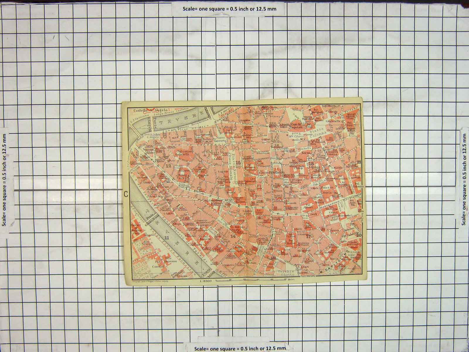 Original Old Antique Print Map Street Plan Rome Pantheon Tevere River
