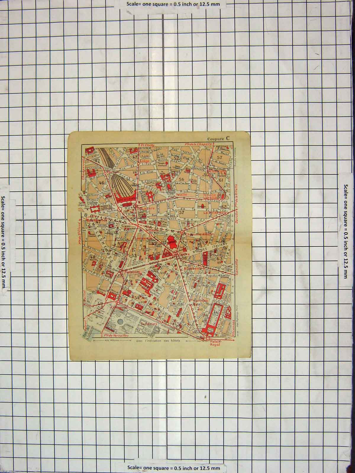 Original Old Antique Print Map Street Plan Paris Tuileries Concorde France