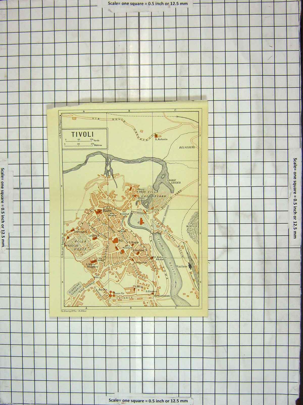 Original Old Antique Print Map Street Plan Tivoli Grande Cascata Trieste