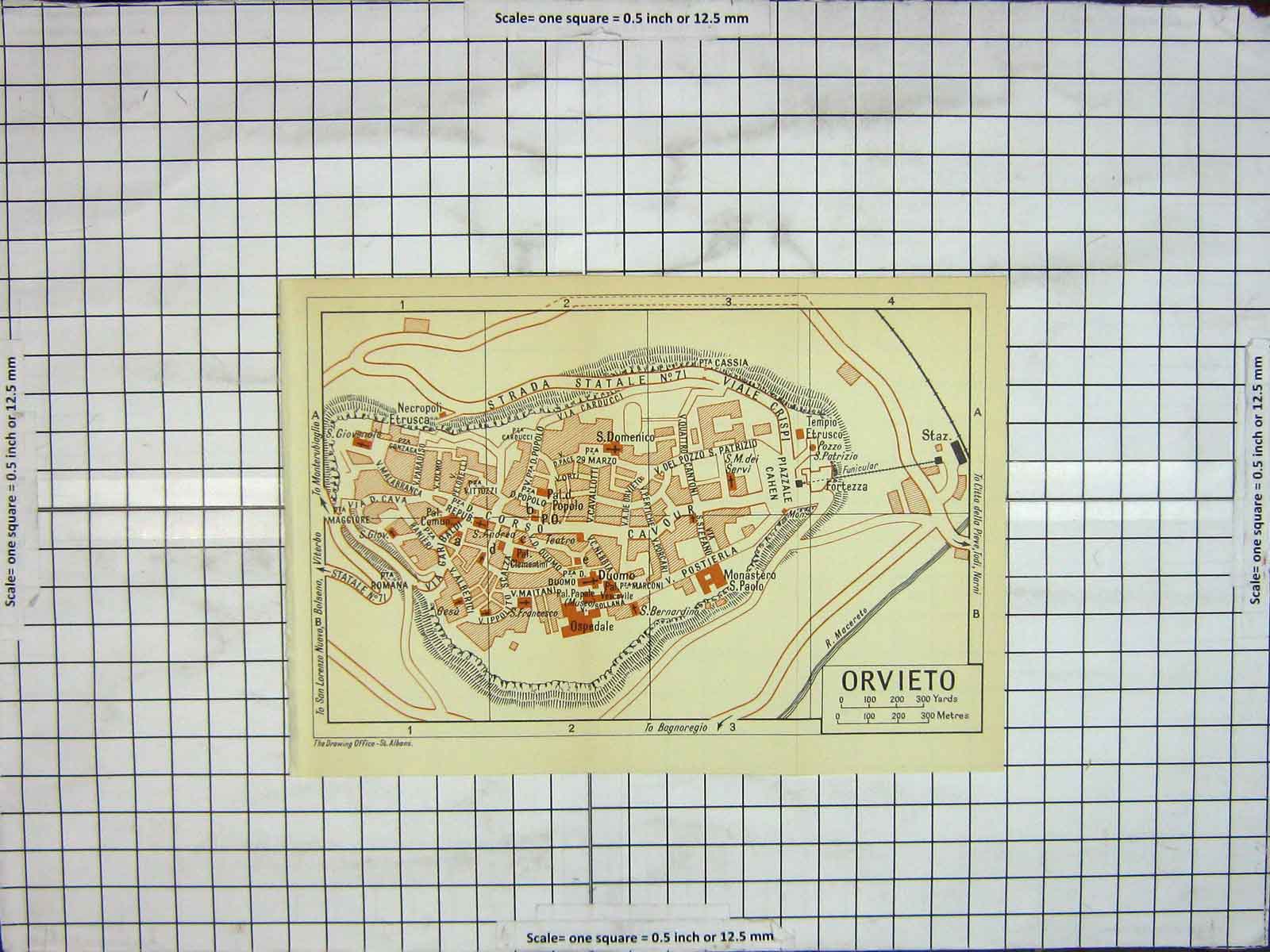 Original Old Antique Print Map Street Plan Orvieto Fortezza Patrizio