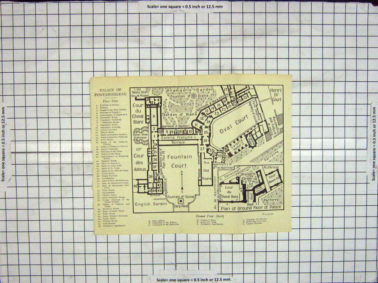 Original Old Antique Print Map Plan Palace Fontainebleau Oval Court Cour