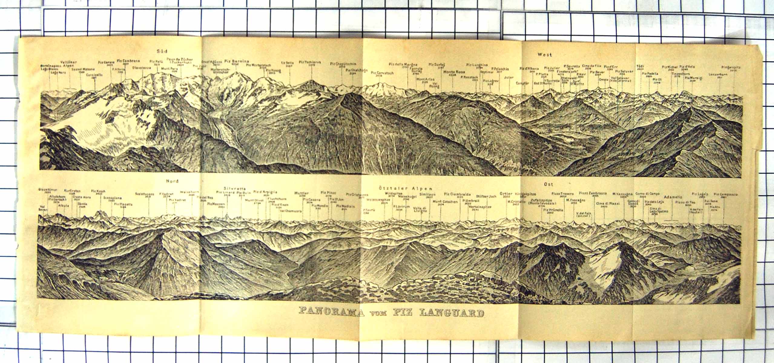 Original Old Antique Print Panorama Piz Languard Mountains Silvretta Similaun