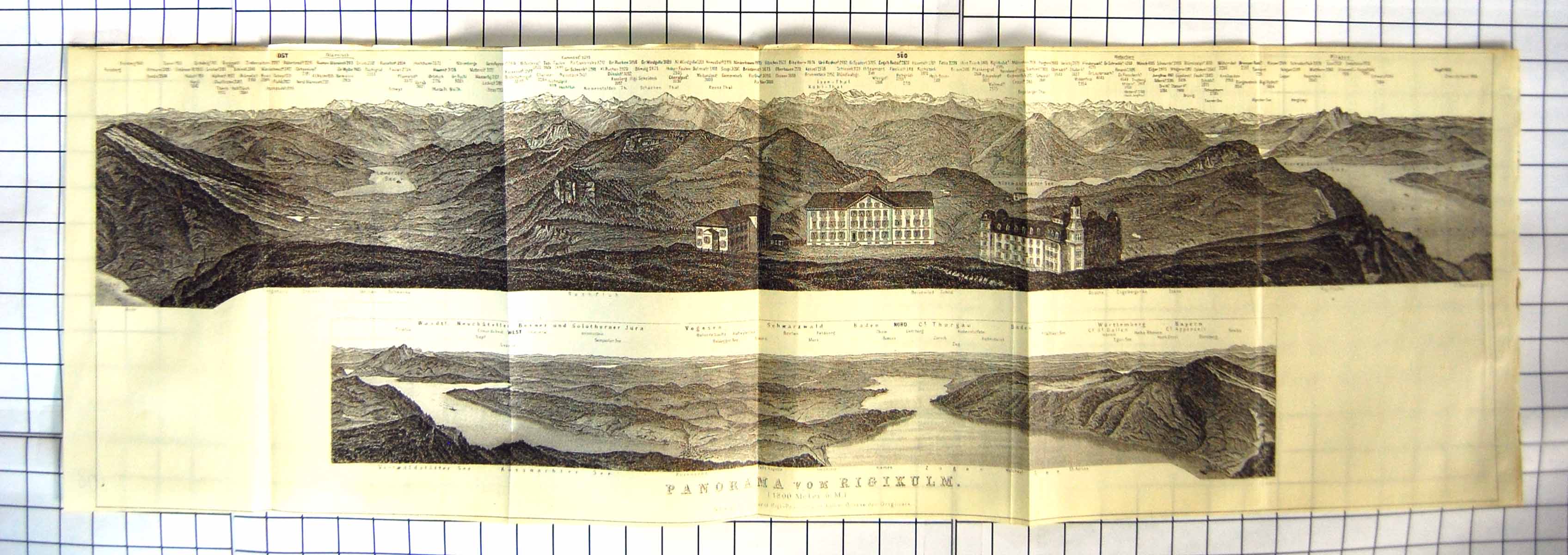 Original Old Antique Print Panorama Rigikulm Mountains Schwarzald Bayern Italy