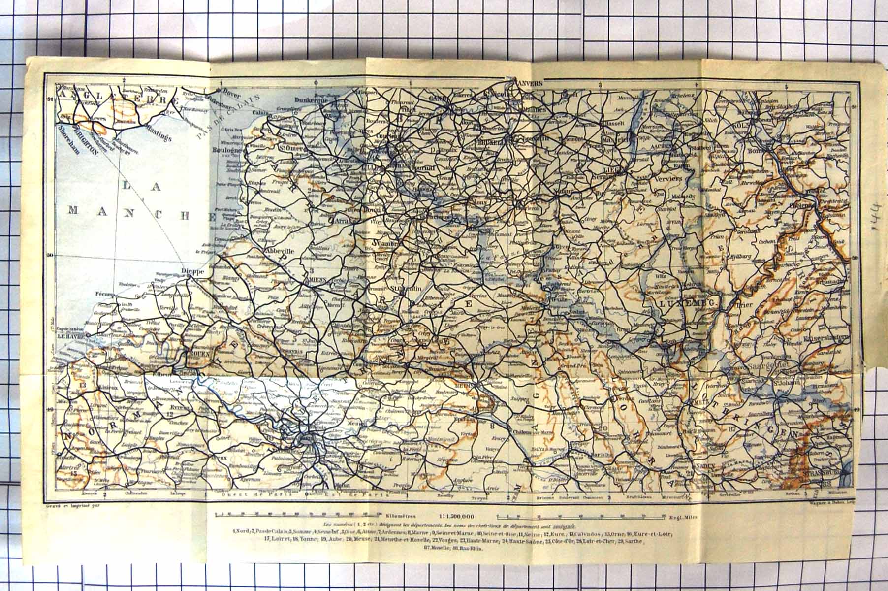 Old Vintage Print Map Paris France 1924 Dieppe Le Havre Reims Nancy Liege 20th