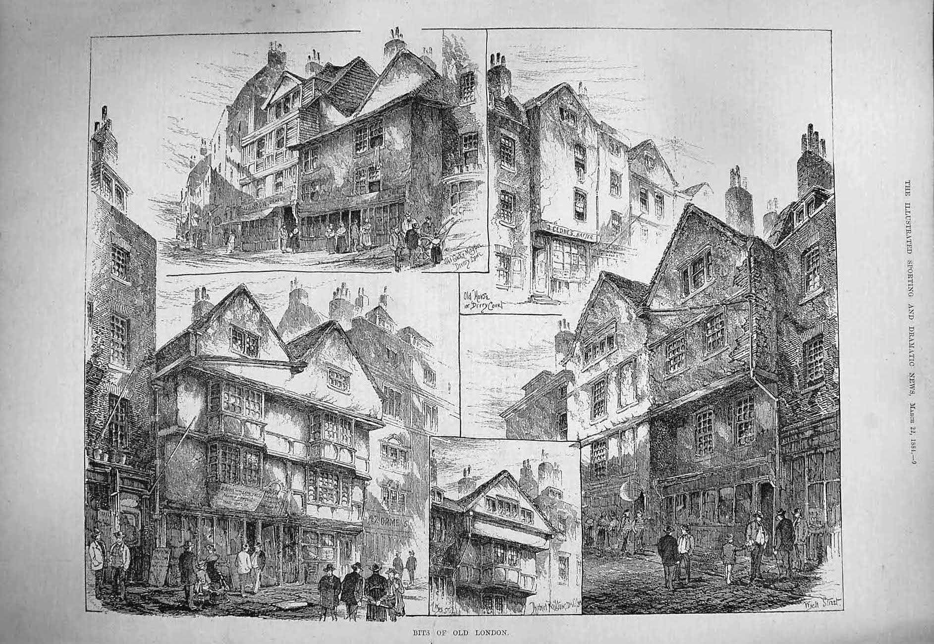 Original Old Antique Print 1884 London Streets Cock Magpie Inn Architecture