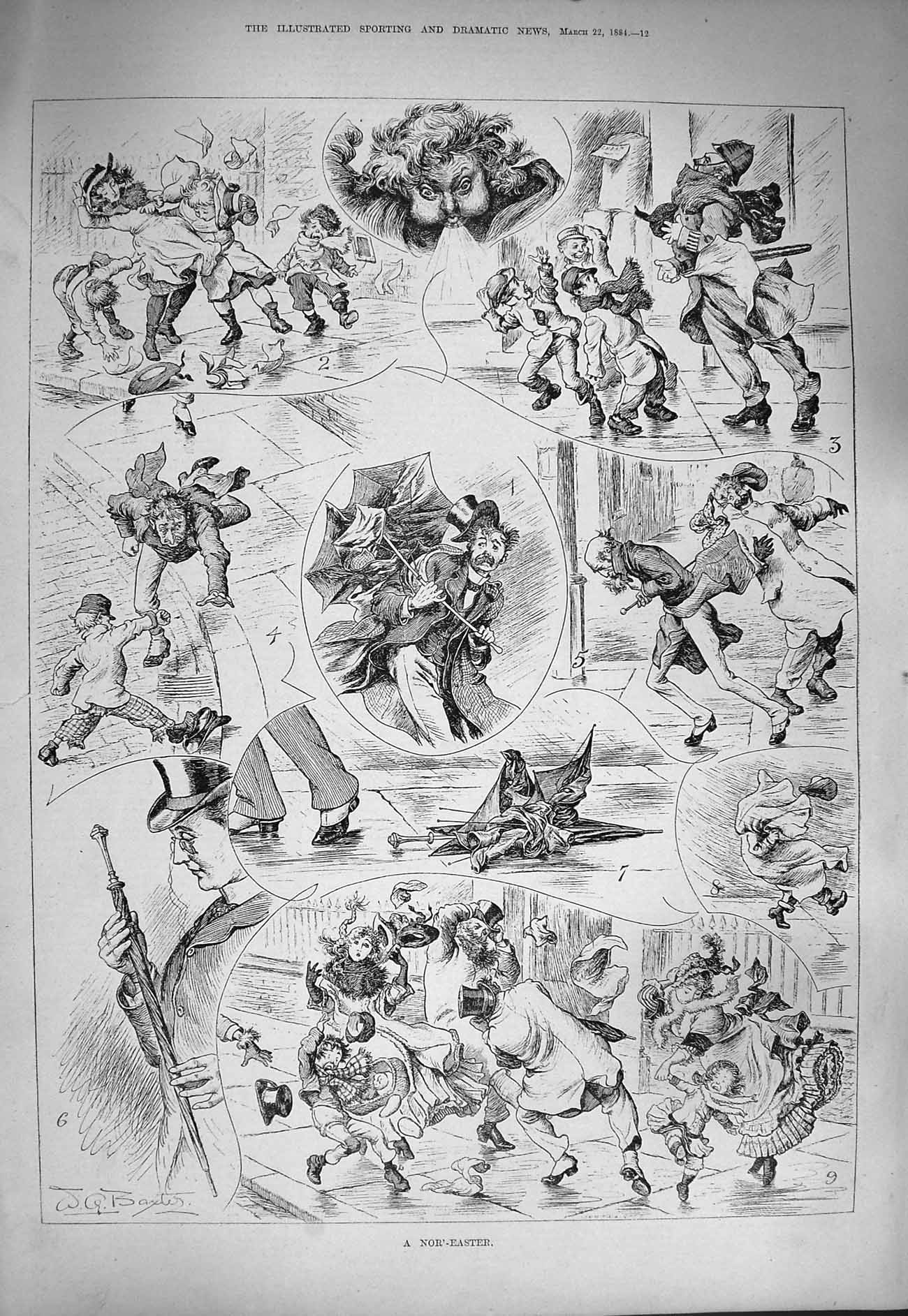 Original Old Antique Print 1884 Nor'Easter Windy Day Storm Umbrella Victorian