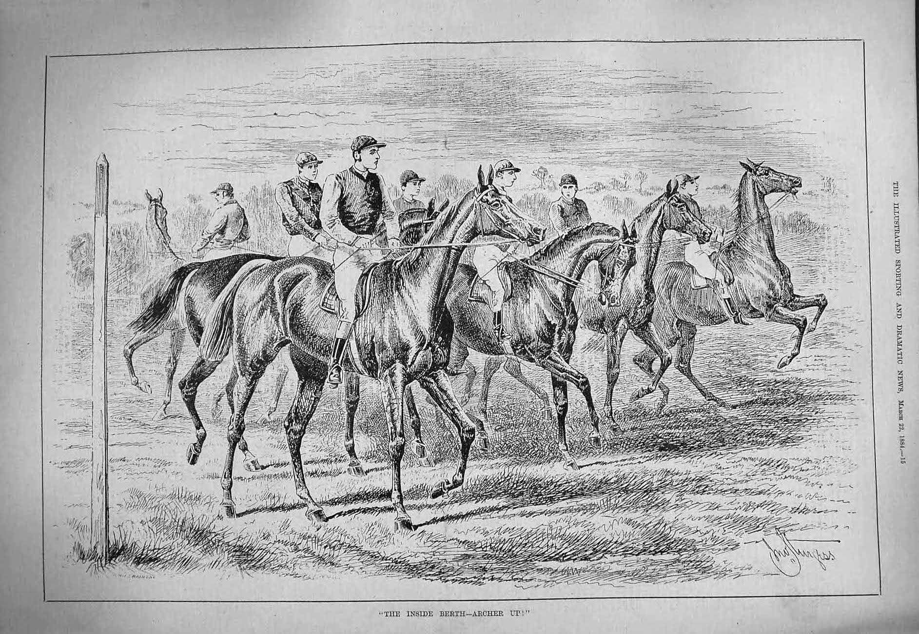 Original Old Antique Print 1884 Scene Jockeys Sport Horses Racing Archer Up