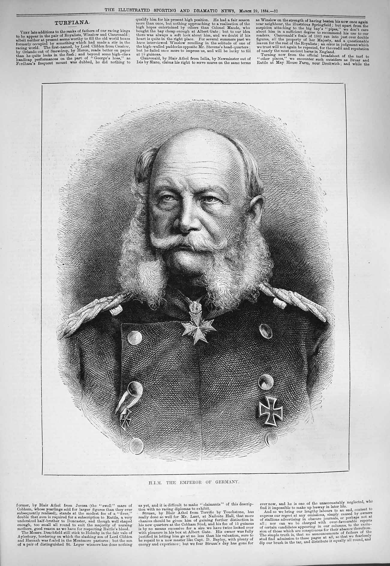 Original Old Antique Print 1884 Portrait H.I.M. Emperor Germany 19th