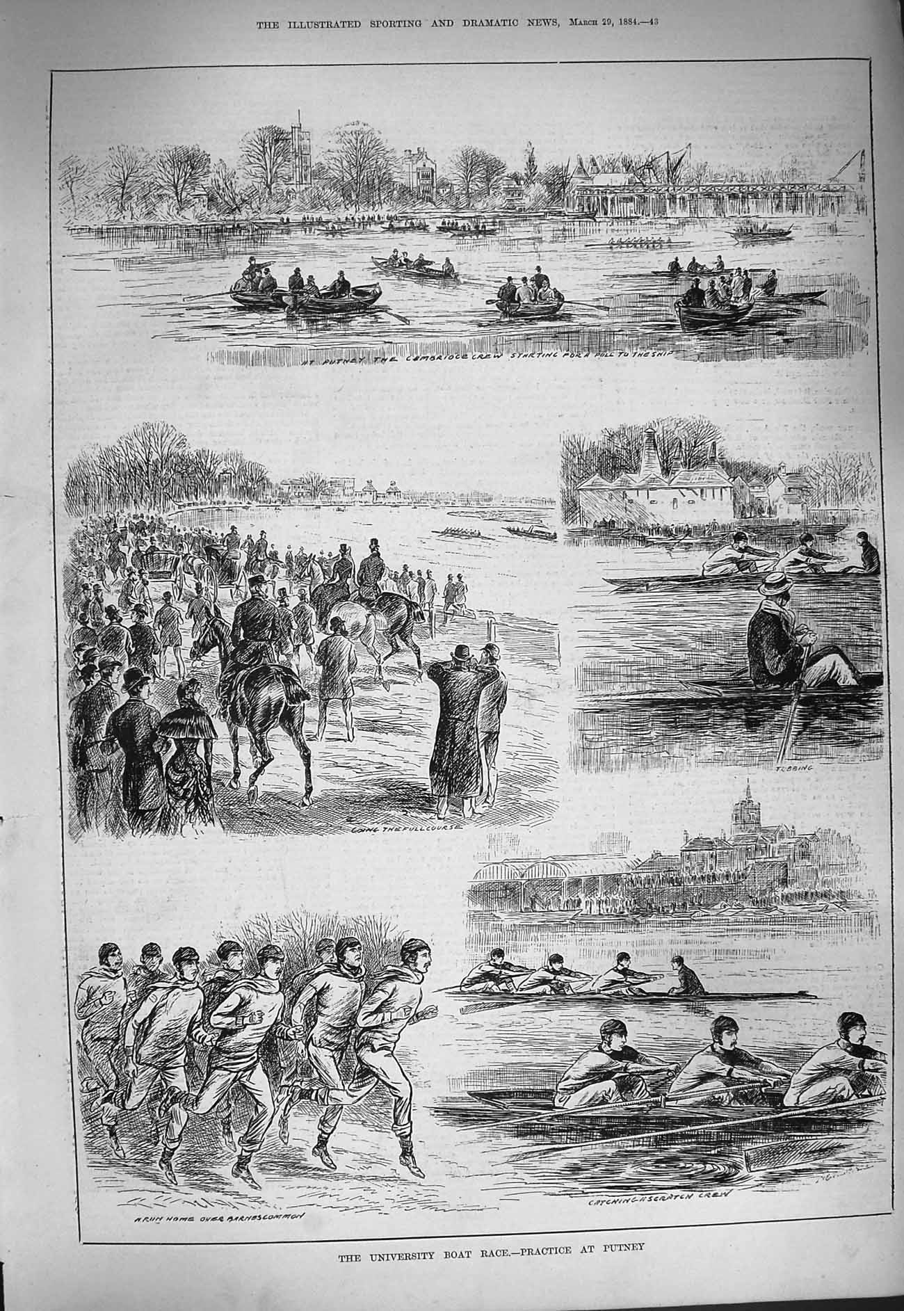Old Antique Print 1884 University Boat Race Putney Boat Race River Thames 19th