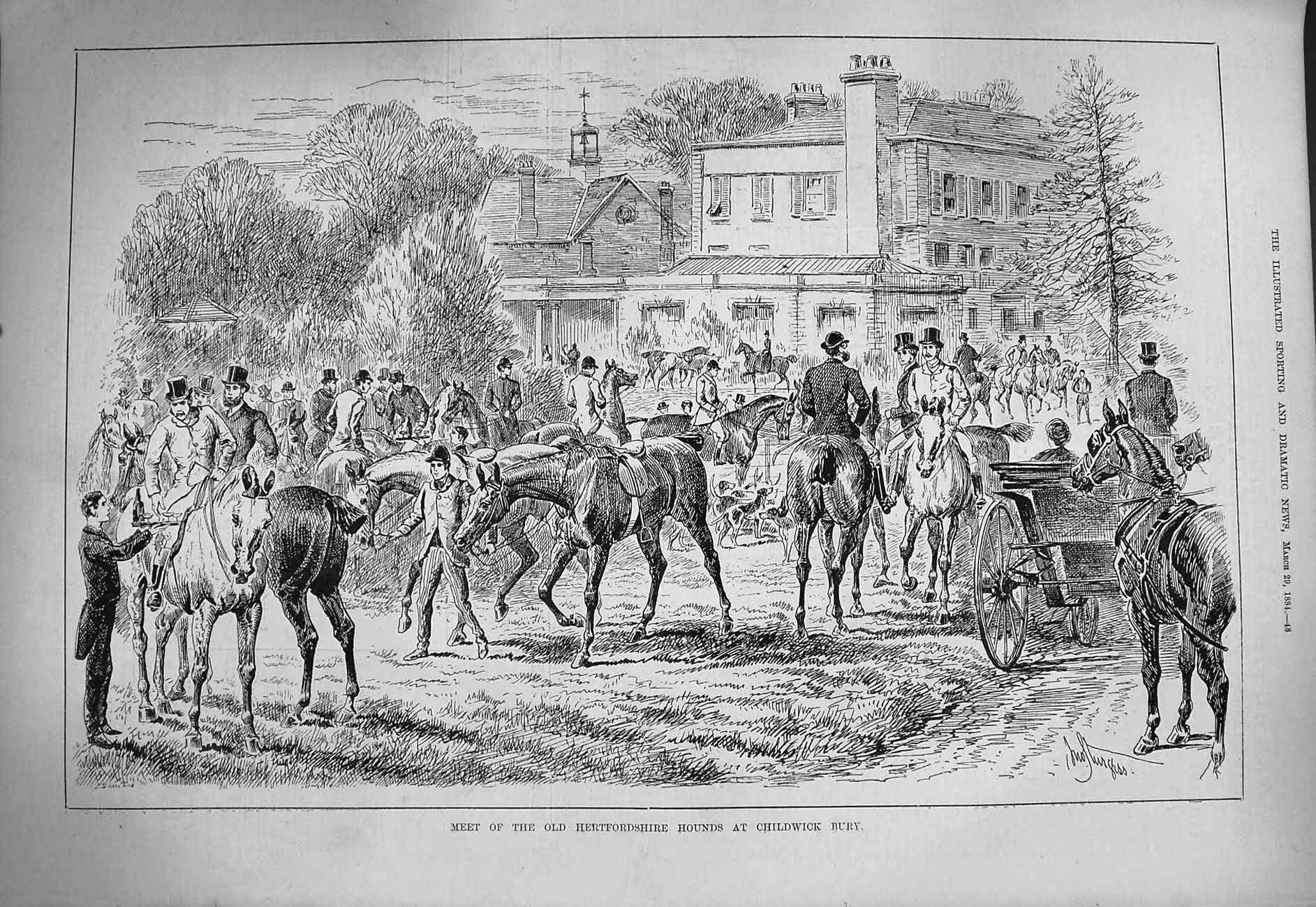 Original Old Antique Print 1884 Hertfordshire Hounds Childwick Bury Hunting