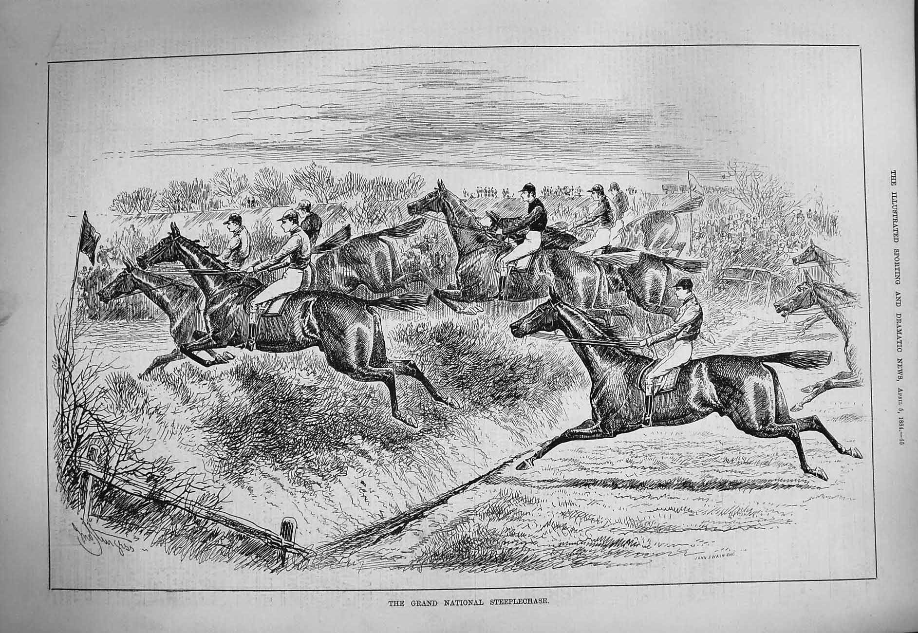 Old Antique Print 1884 Grand National Steeplechase Horses Jumping Sport 19th