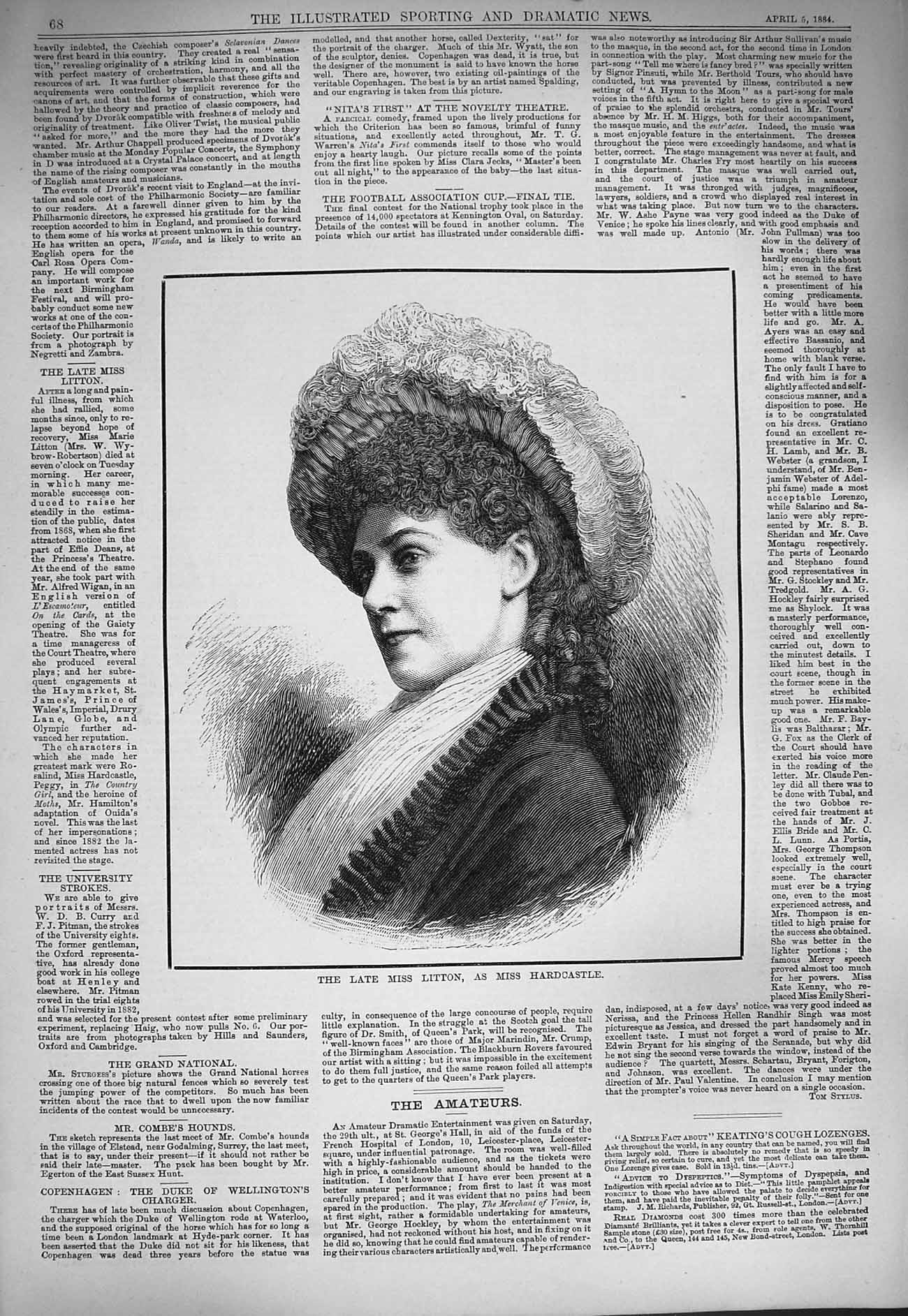 Original Old Antique Print 1884 Portrait Miss Litton Hardcastle Theatre 19th