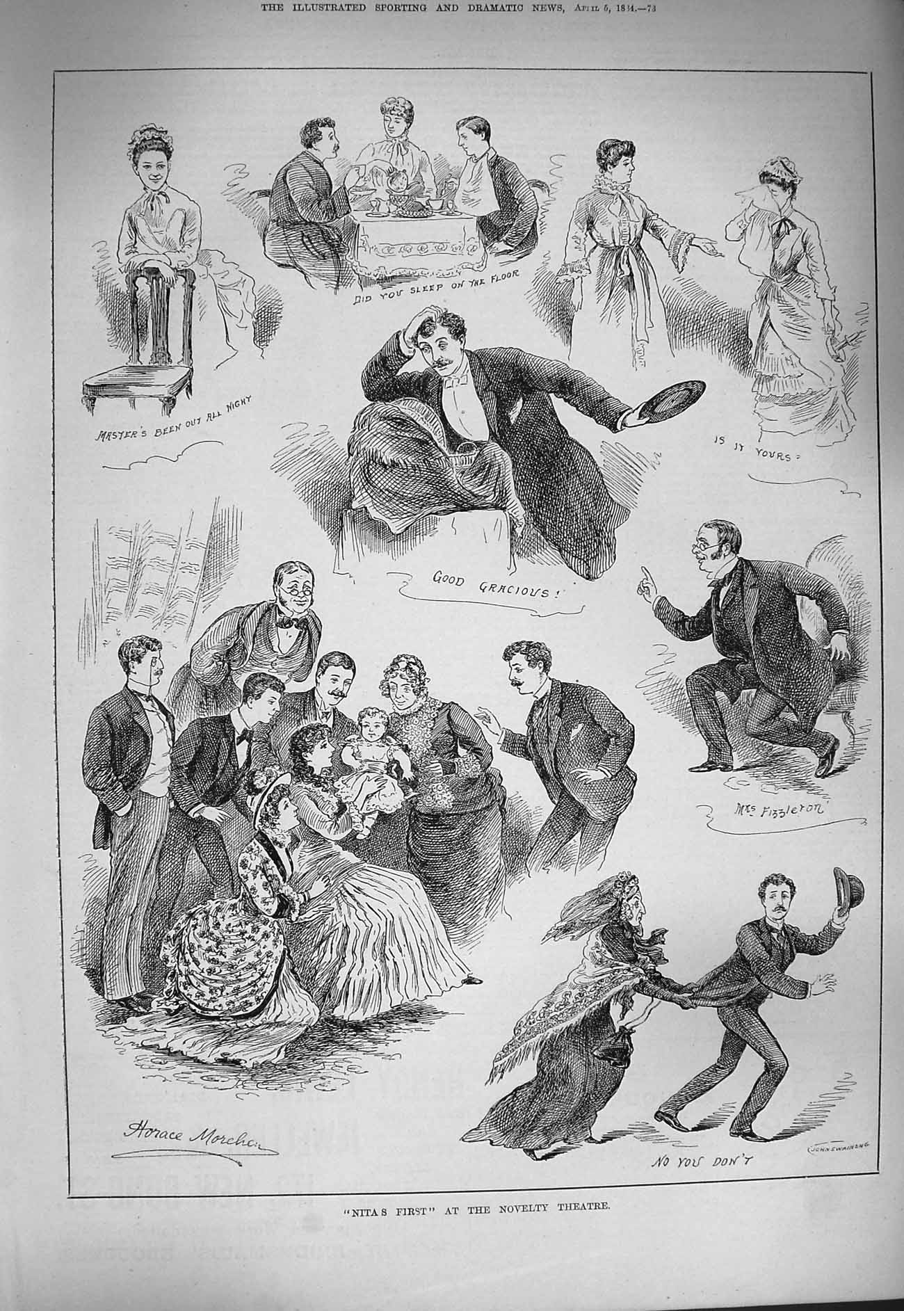 Original Old Antique Print 1884 Nita'S First Novelty Theatre Fizzleton Horace