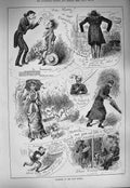 Original Old Antique Print 1884 Humourous Story Police Man Umbrella Lady Dogs