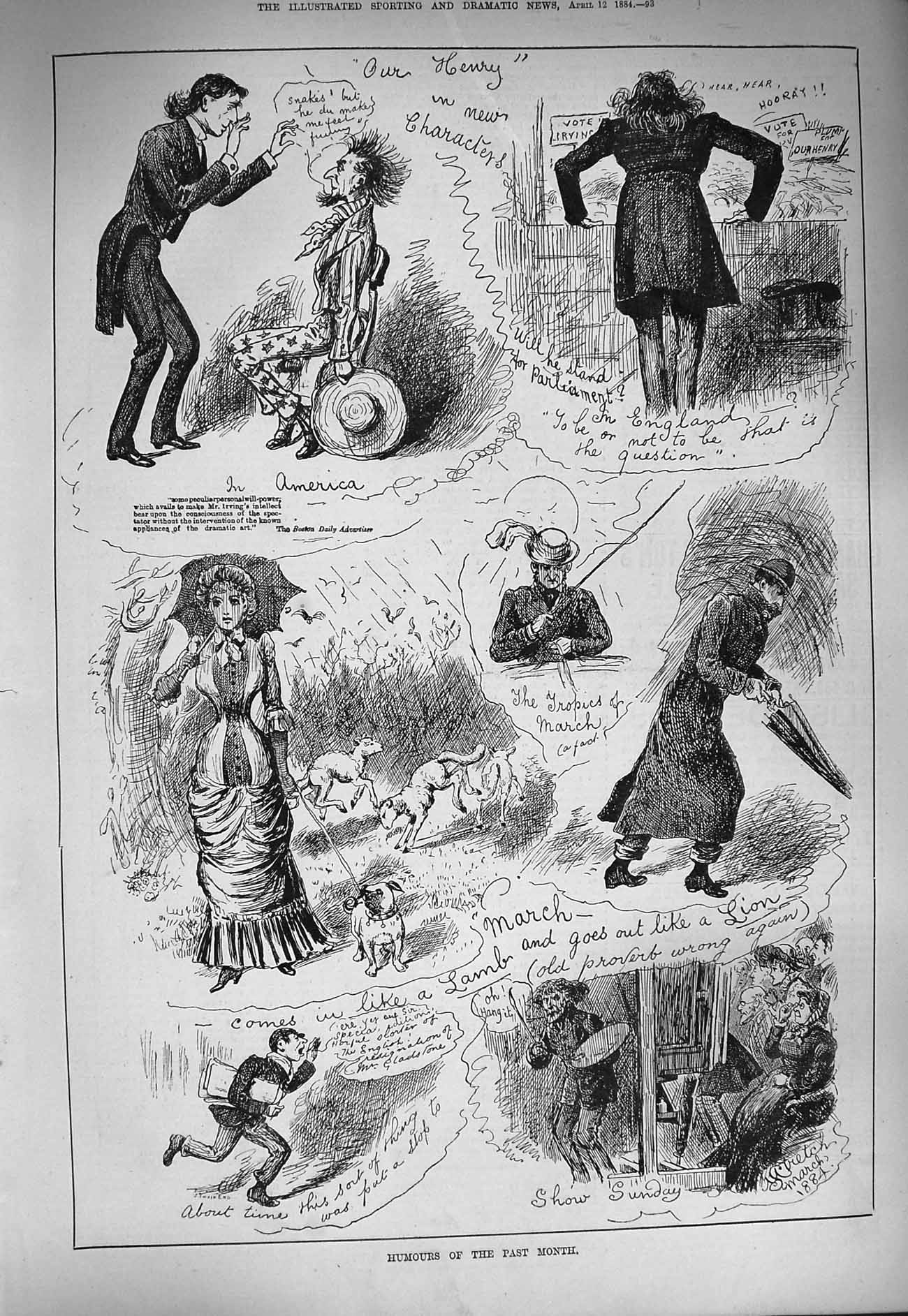 Original Old Antique Print 1884 Humourous Story Police Man Umbrella Lady Dogs