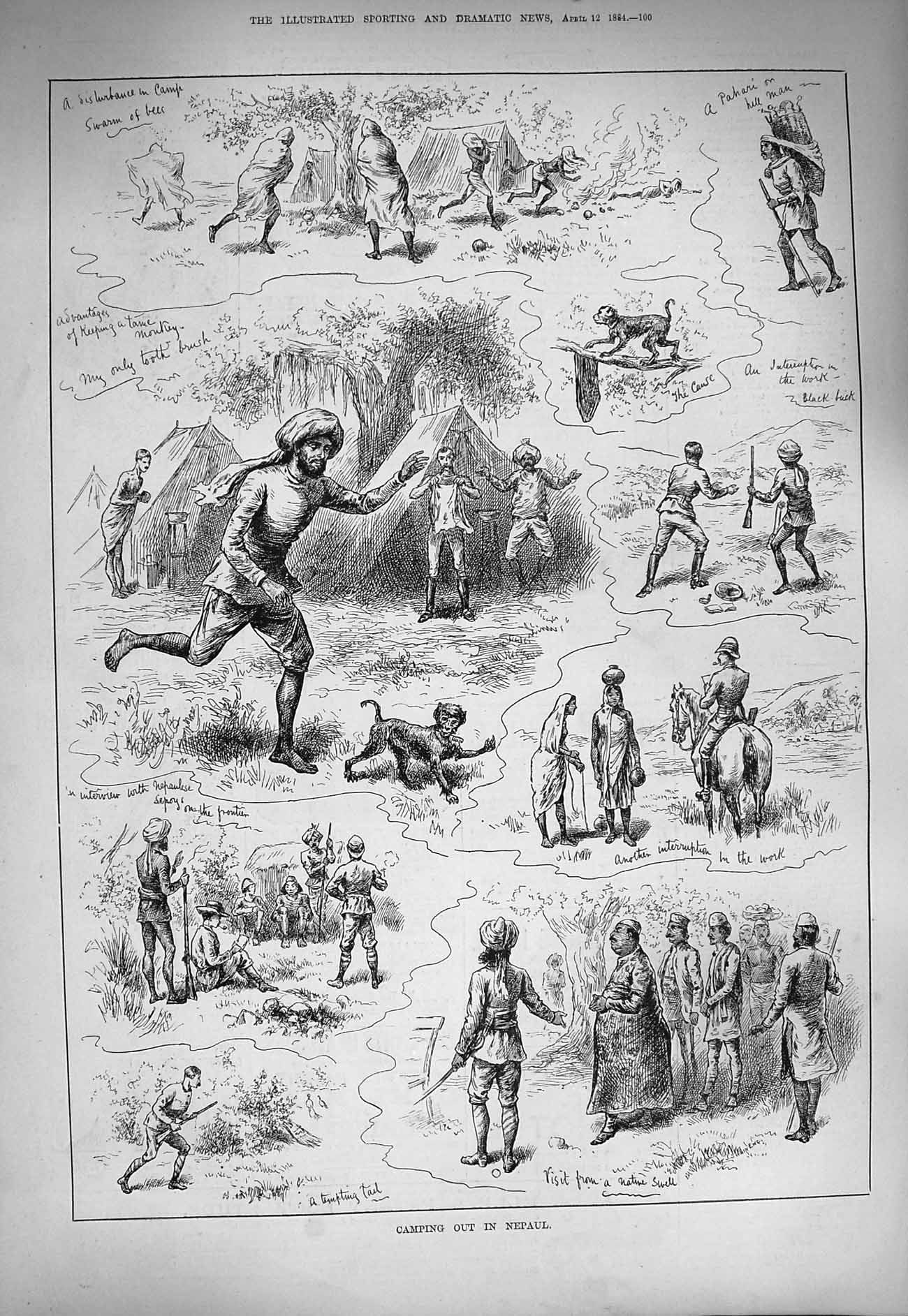 Original Old Antique Print 1884 Camping Nepaul Natives India Horse Monkey 19th