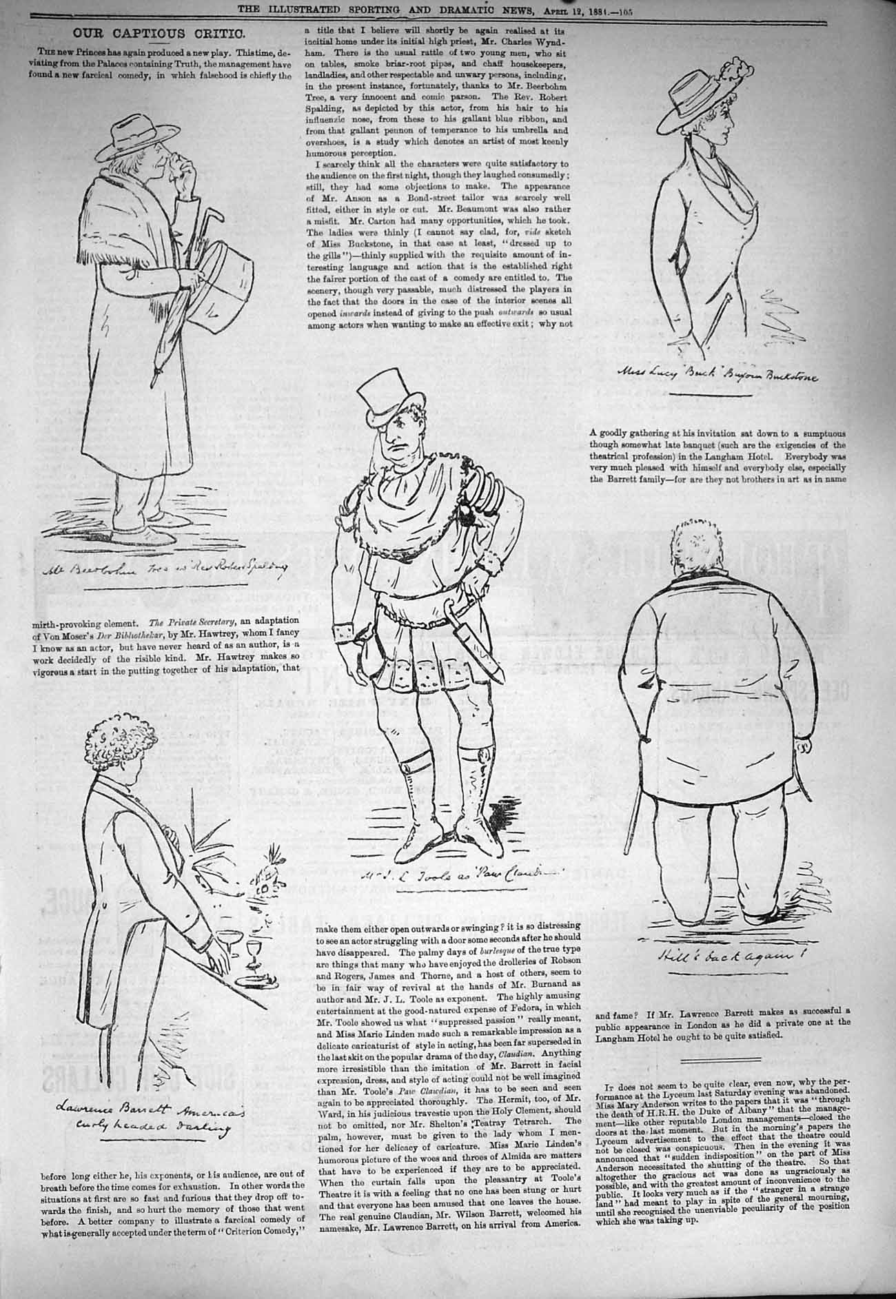 Original Old Antique Print 1884 Captious Critic Barrett Theatre Actors 19th
