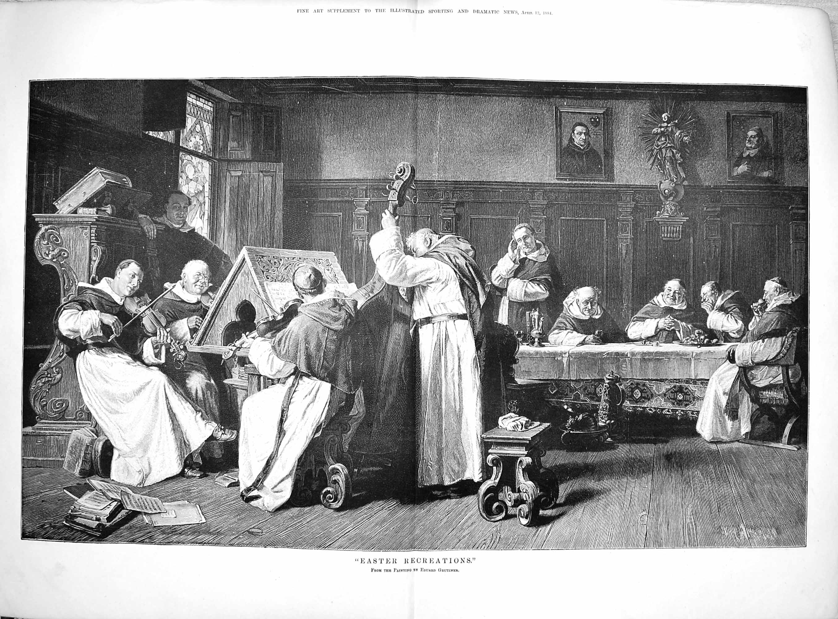 Original Old Antique Print 1884 Scene Easter Recreations Monks Music Fine Art