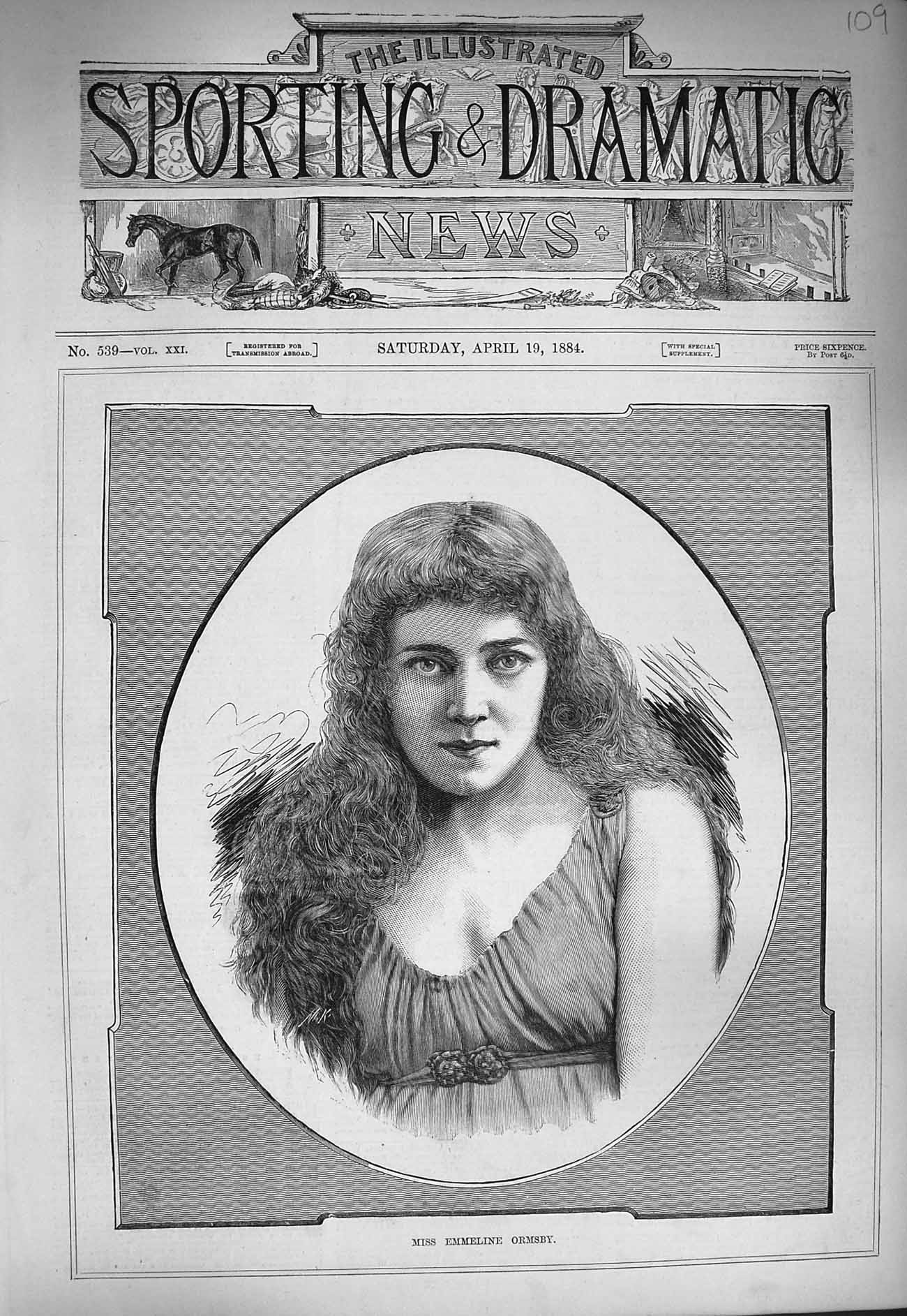 Original Old Antique Print 1884 Portrait Beautiful Miss Emmeline Ormsby 19th