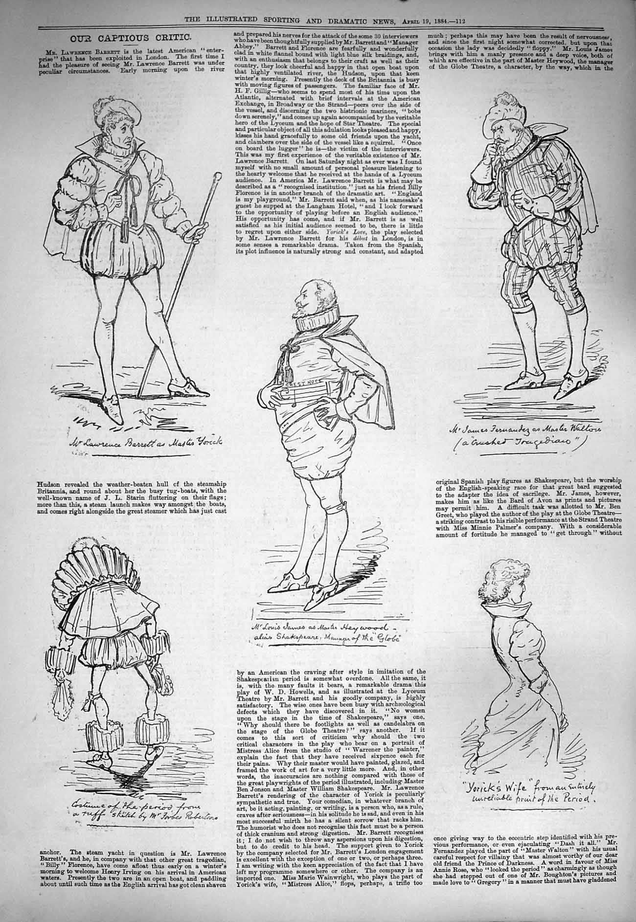 Original Old Antique Print 1884 Captious Critics Theatre Yorick Louis James
