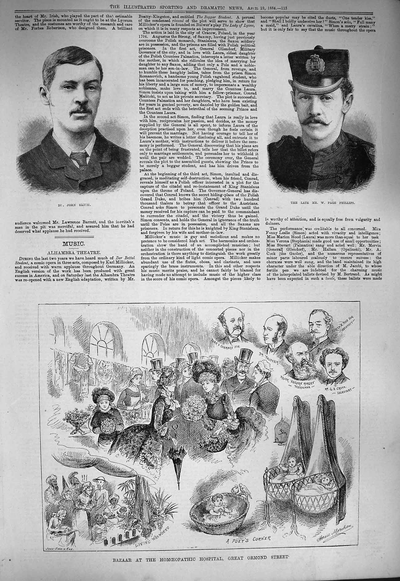 Original Old Antique Print 1884 John Smith Page Phillips Bazaar Ormond Hospital