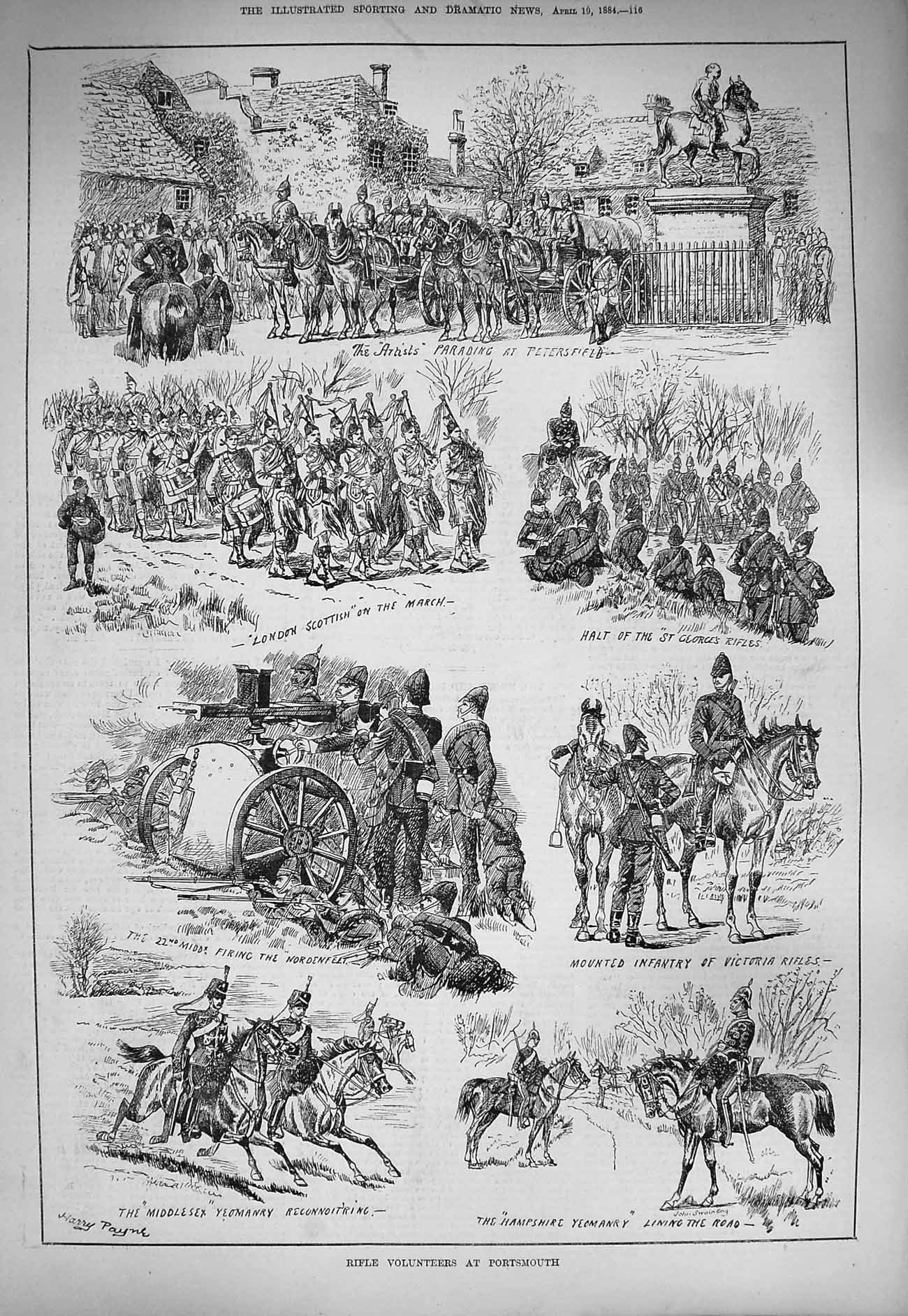 Original Old Antique Print 1884 Rifle Volunteers Portsmouth Siers Hampshire