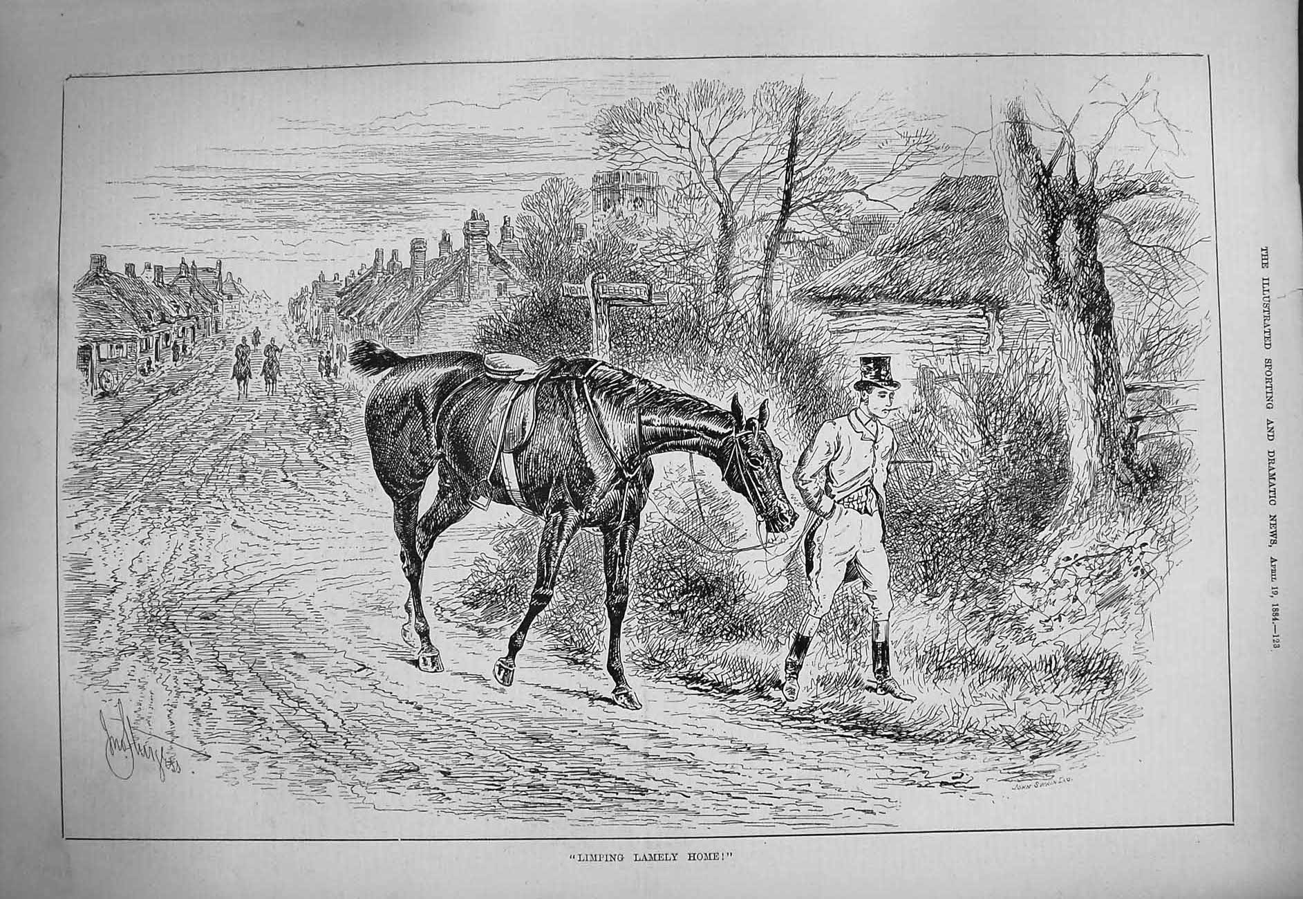 Original Old Antique Print 1884 Horse Huntsman Limping Home Hunting Countryside