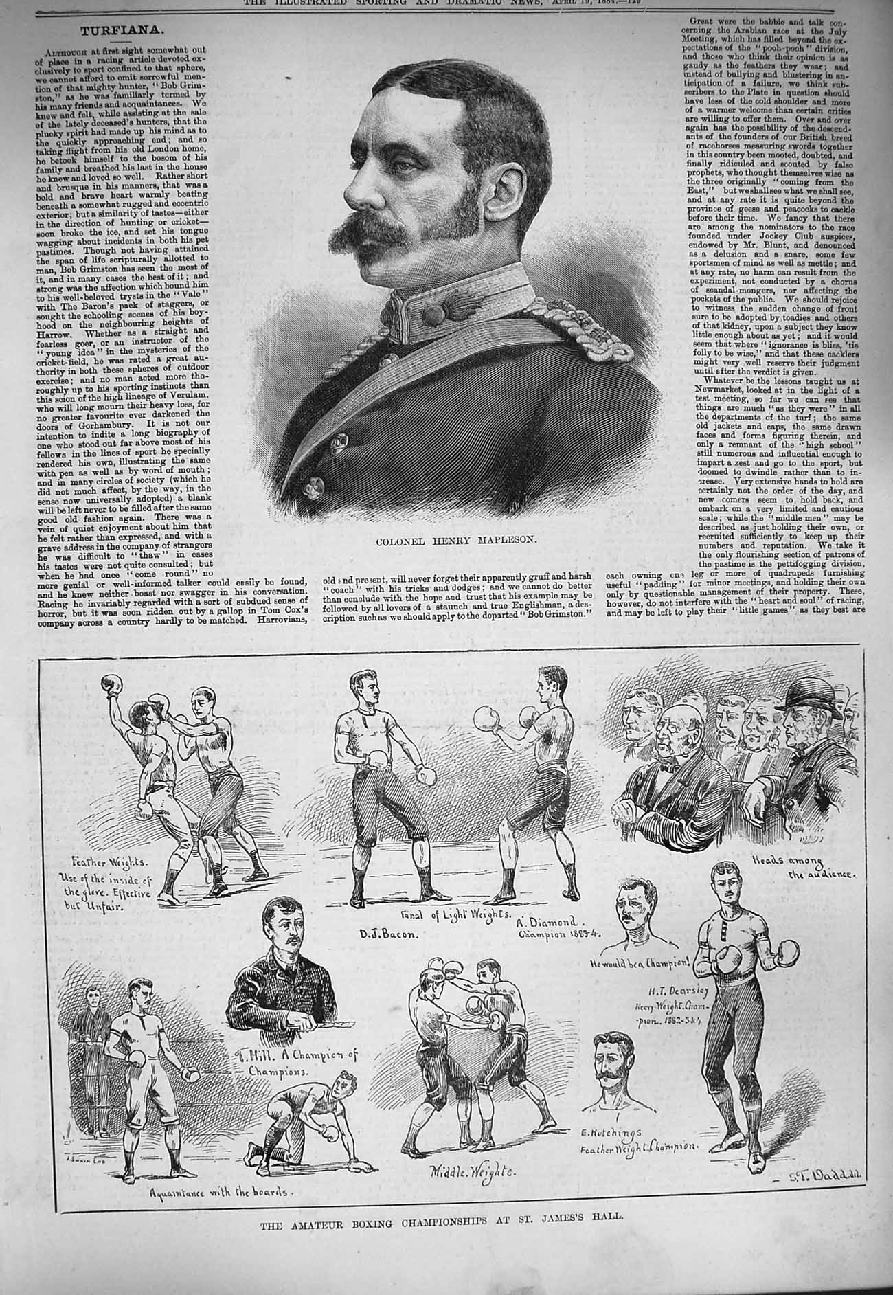 Old Antique Print 1884 Colonel Henry Mapleson Boxing James'S Hill Bacon 19th