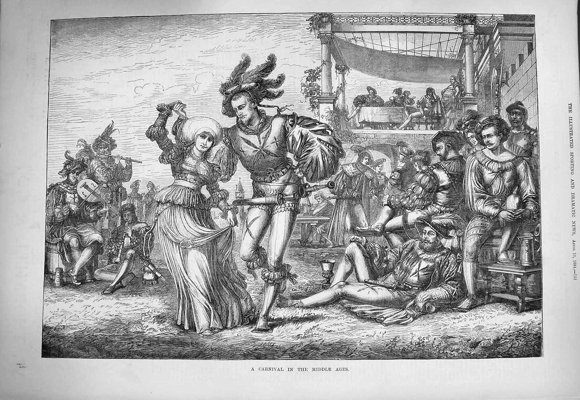 Original Old Antique Print 1884 Carnival Middle Ages Men Ladies Costumes 19th