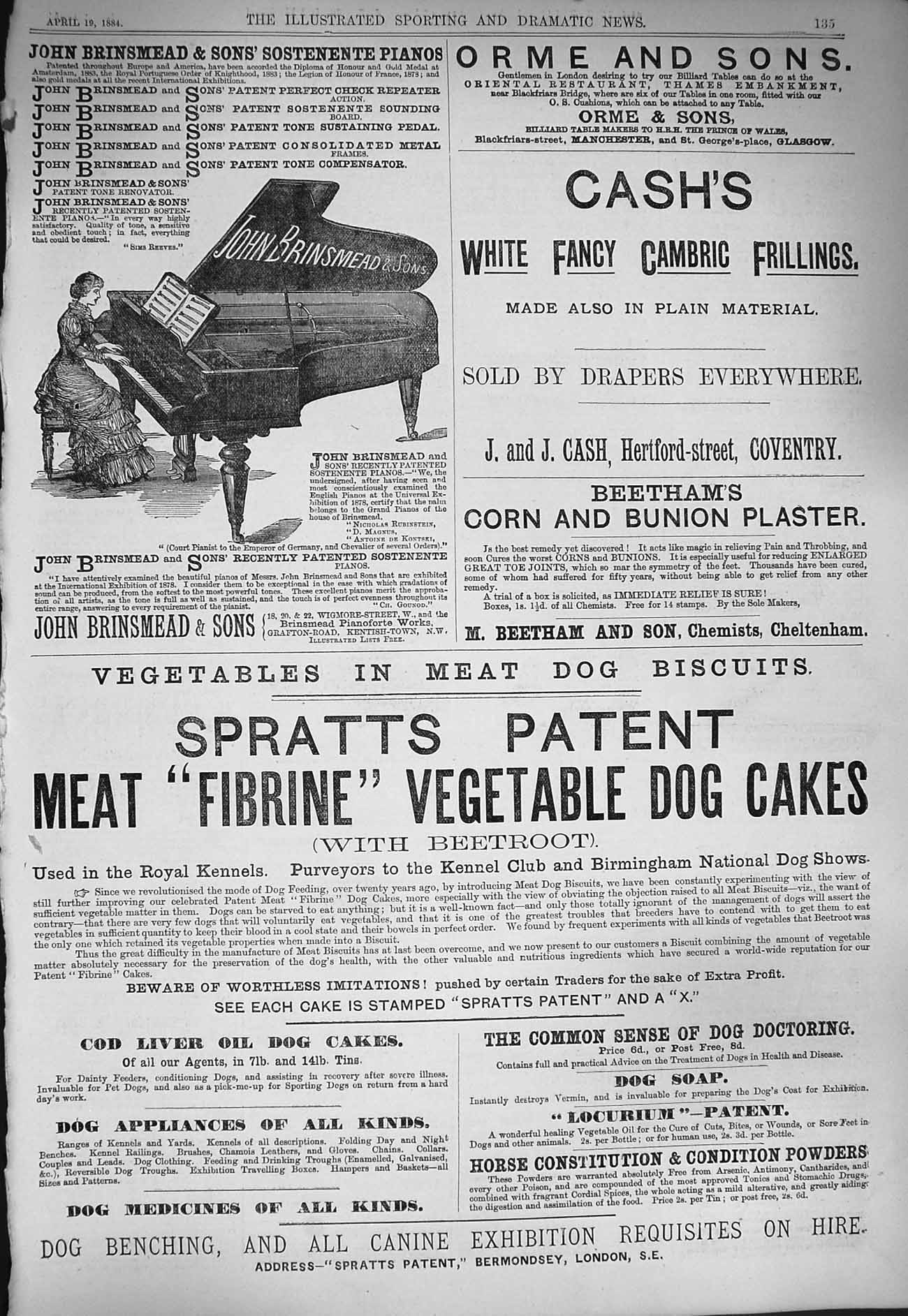 Old Antique Print 1884 Advertisement Brinsmead Pianos Spratts Dog Biscuit 19th