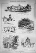 Old Antique Print 1884 Mickleham Church Norbury Park Epsom Earl Rosebery 19th