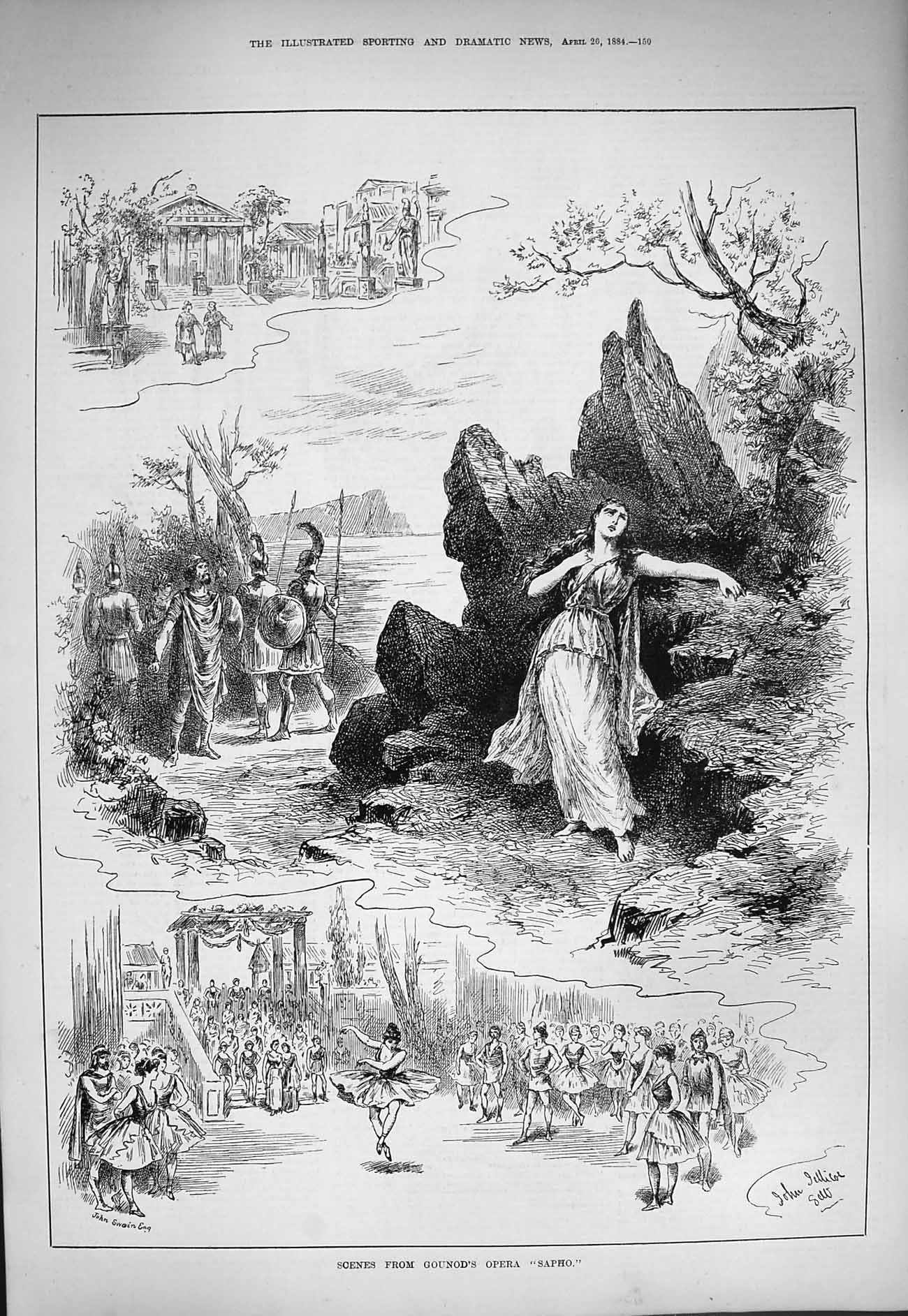 Original Old Antique Print 1884 Gounod Opera Sapho Dancing Actors Victorian