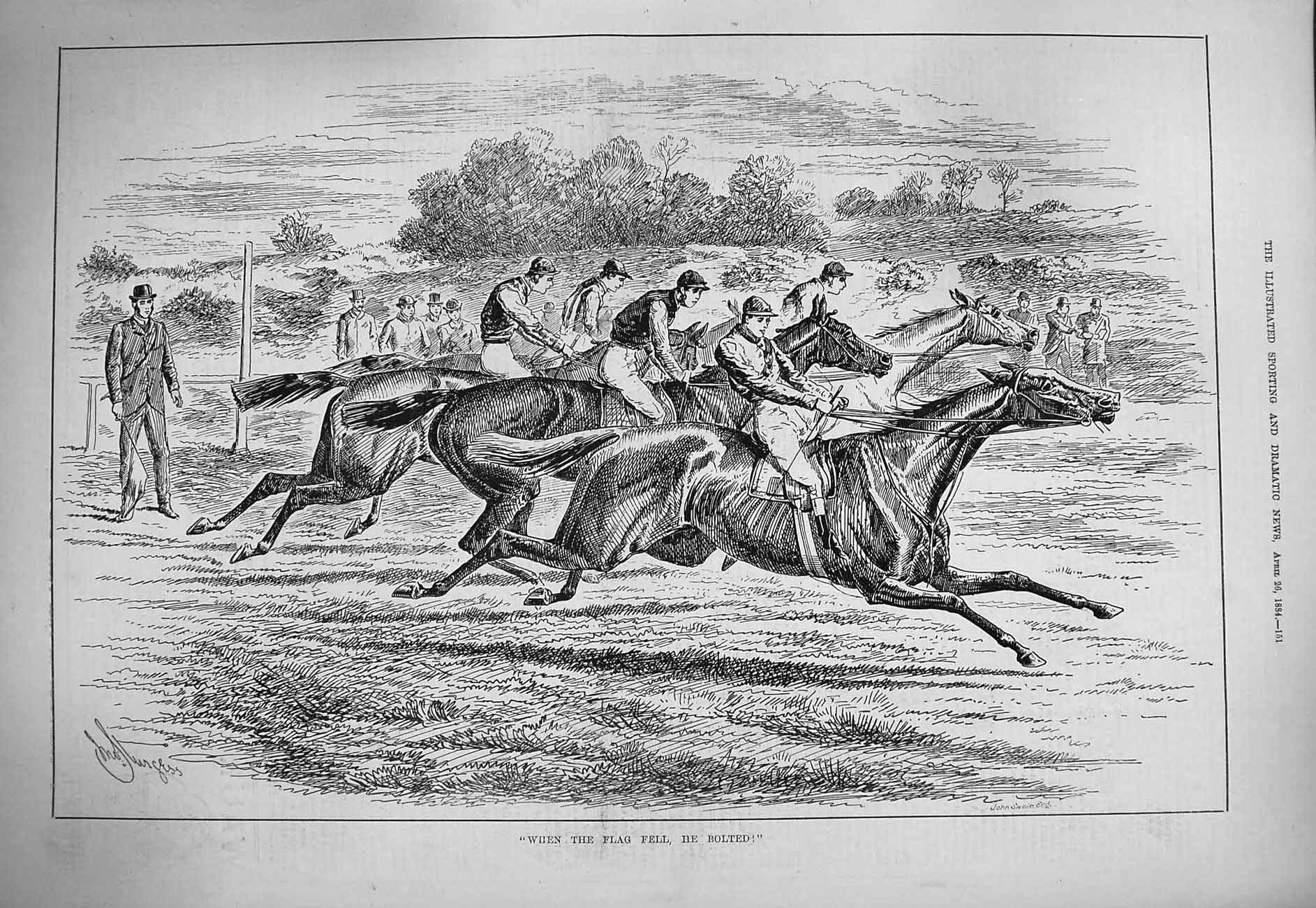 Original Old Antique Print 1884 Horse Galloping Racing Sport Jockeys Victorian