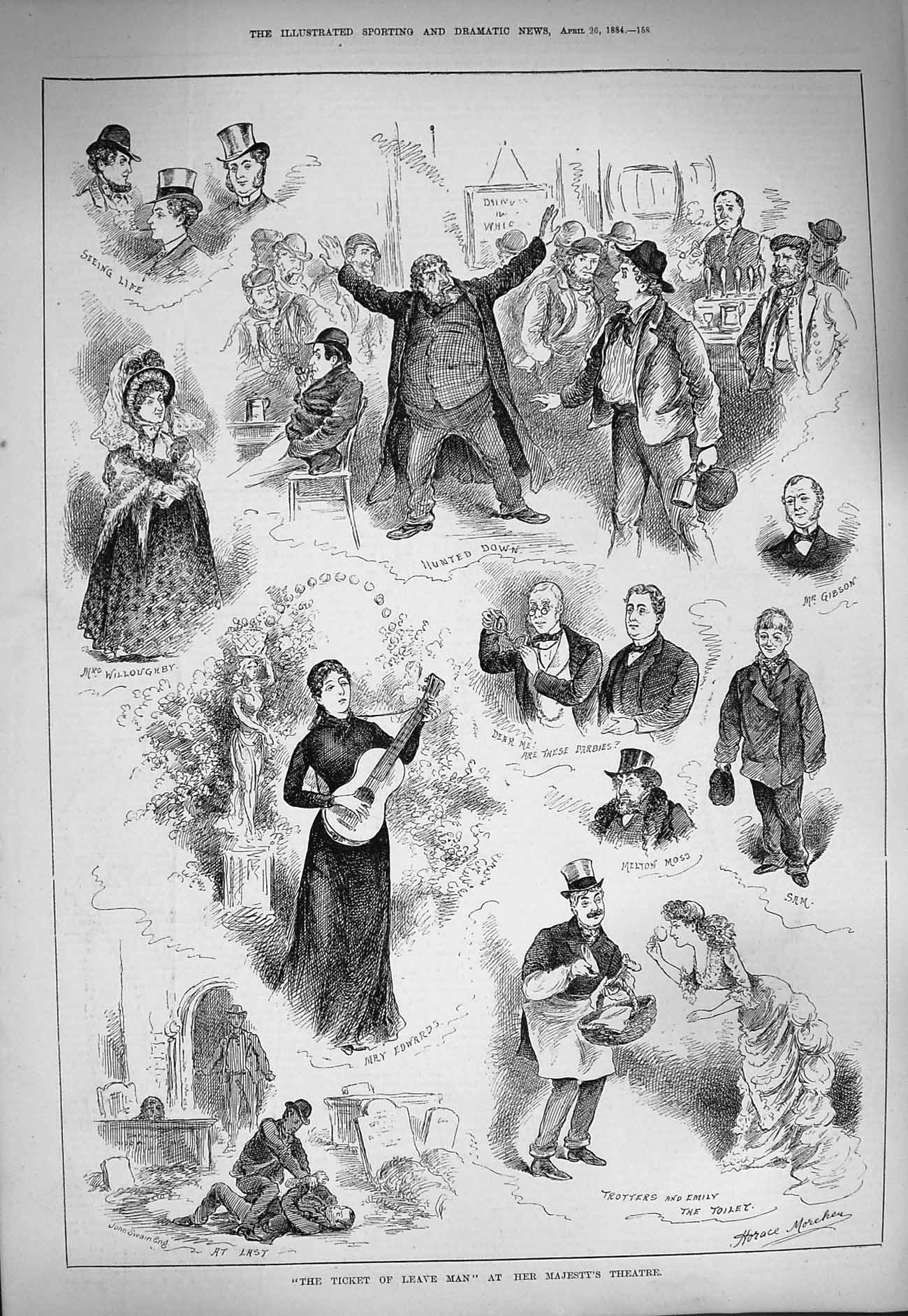Original Old Antique Print 1884 Majesty Theatre Ticket Leave Man Edwards Gibson