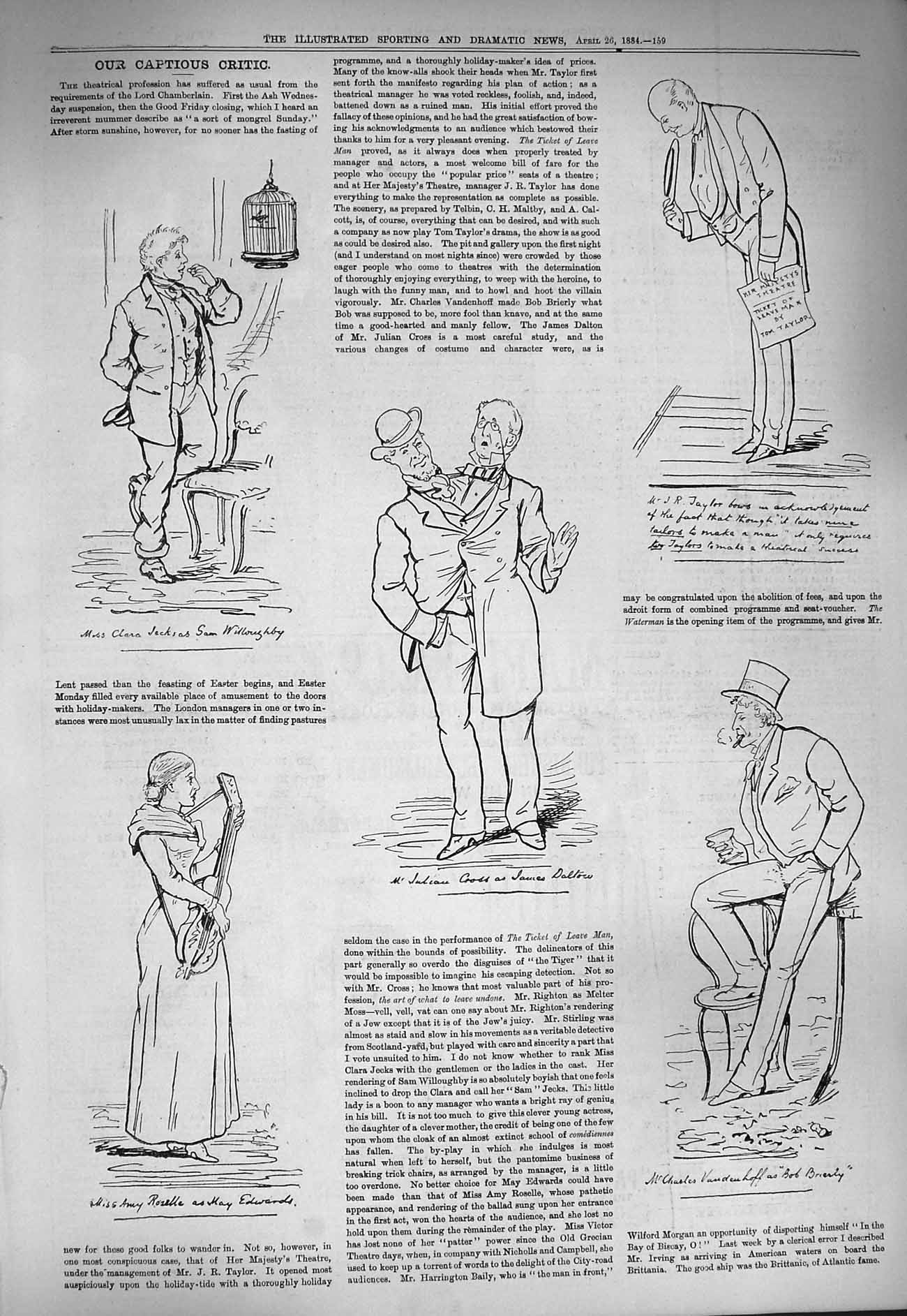 Original Old Antique Print 1884 Captious Critic Theatre Willoughby Kay Edwards