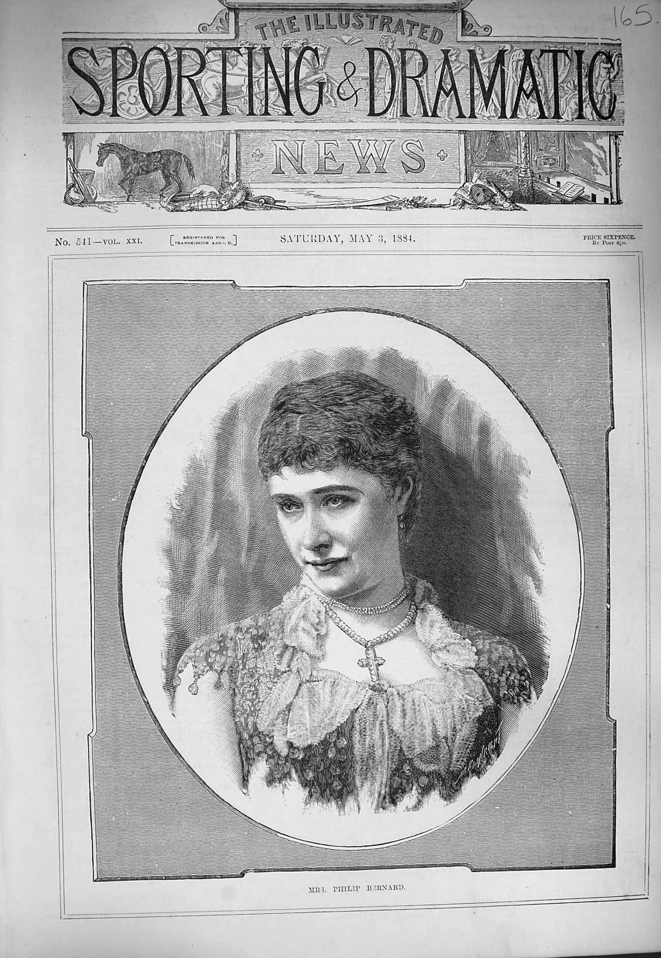 Original Old Antique Print 1884 Portrait Mrs Philip Bernard Beautiful Lady 19th